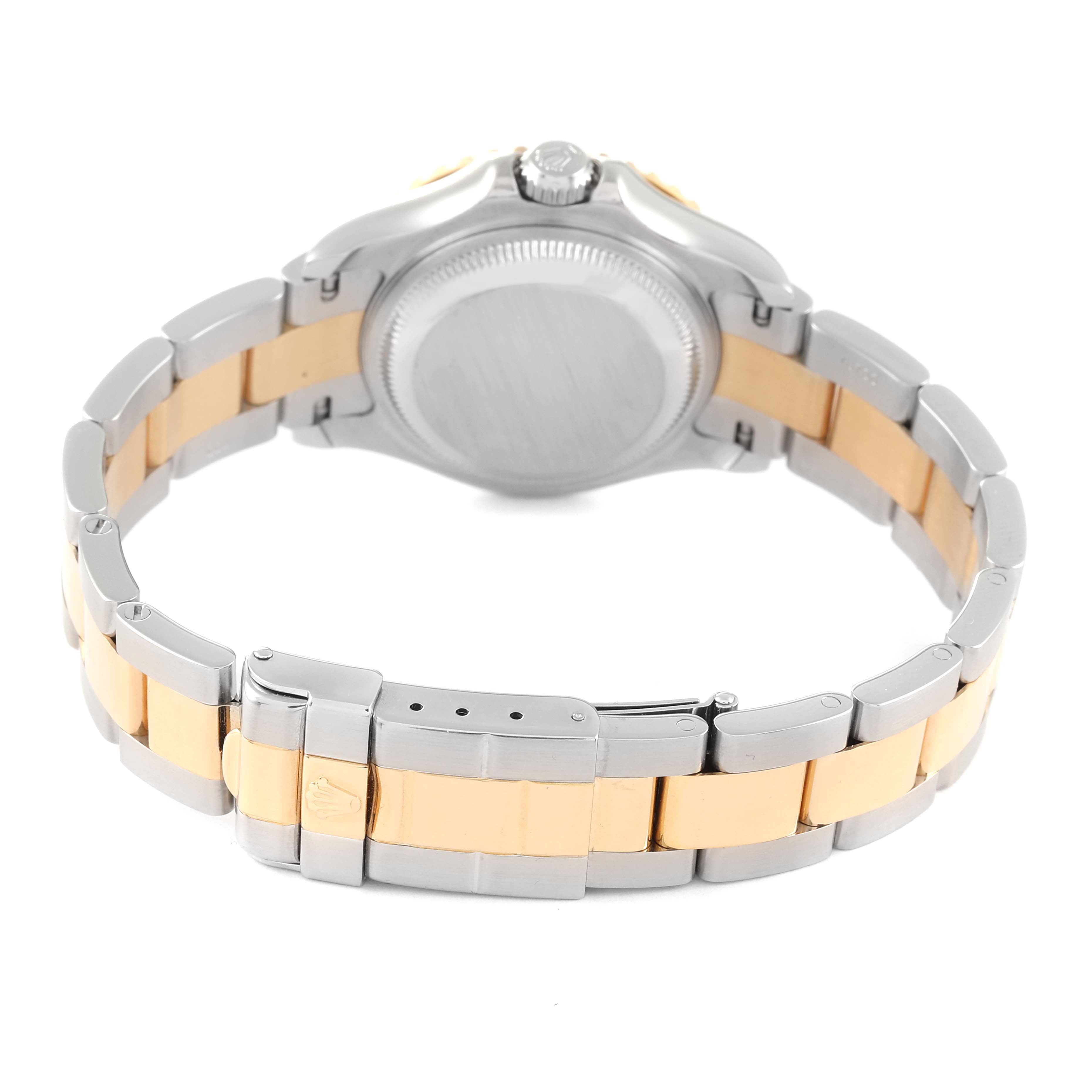 The image shows the back view of the Rolex Yacht-Master 169623 Women's Steel and Gold (two tone) Blue Dial 169623 Women's Steel and Gold (two tone) Blue Dial watch, highlighting its clasp, bracelet, and case back.