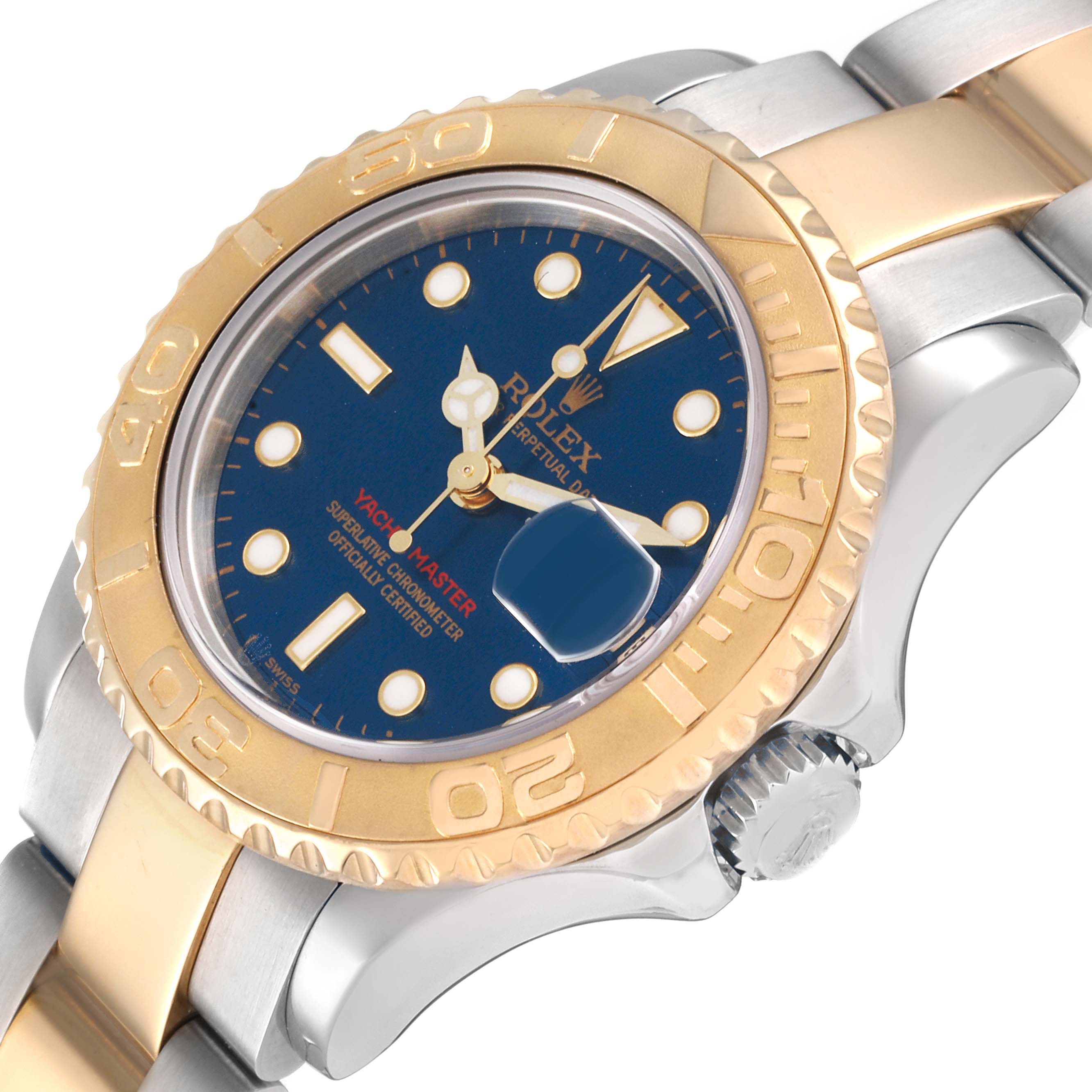 This Rolex Yacht-Master 169623 Women's Steel and Gold (two tone) Blue Dial 169623 Women's Steel and Gold (two tone) Blue Dial watch is displayed at an angle showcasing the dial, bezel, crown, and part of the bracelet.