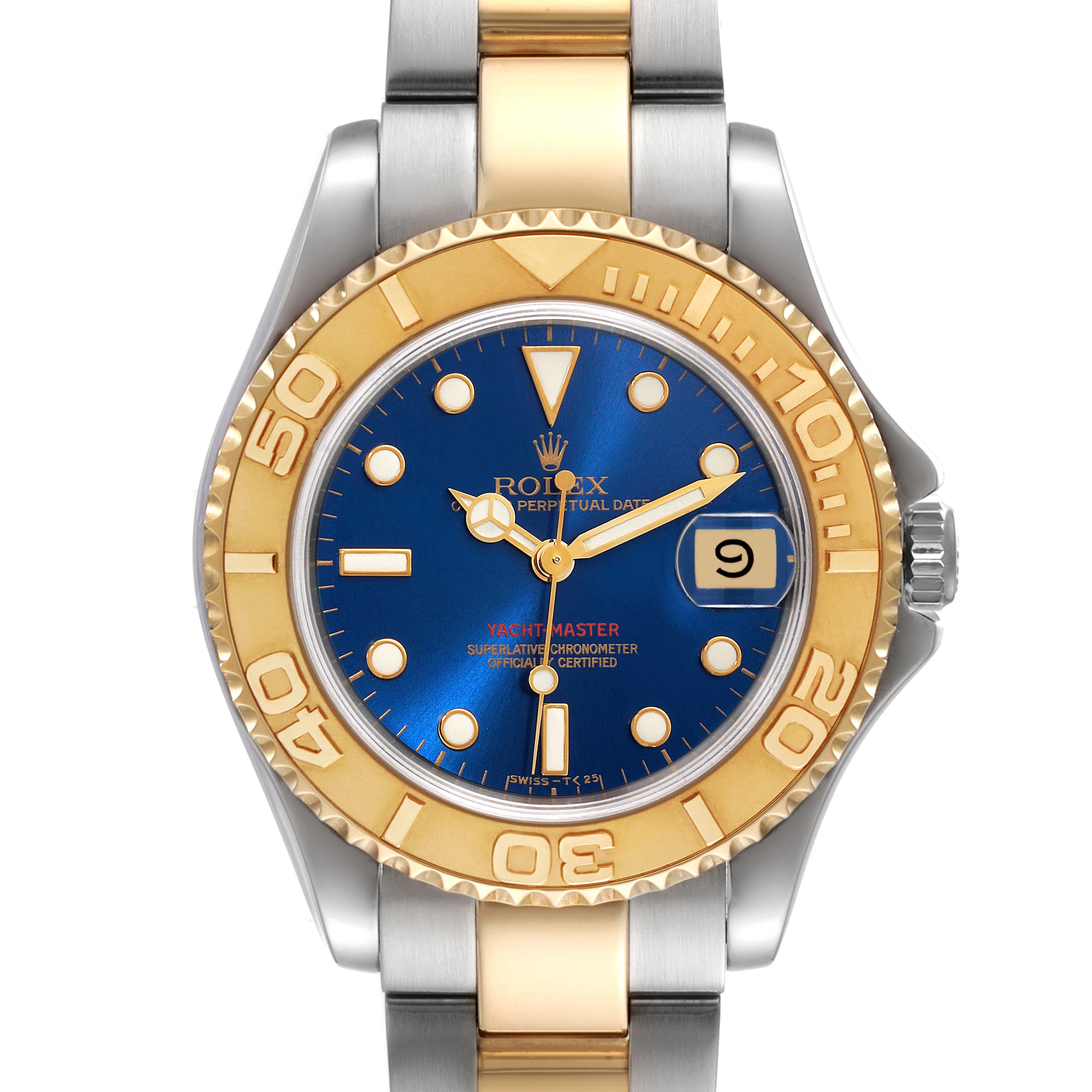 The Rolex Yacht-Master 68623 Men
s Steel and Gold (two tone) Blue Dial 68623 Men
s Steel and Gold (two tone) Blue Dial watch is shown from a front angle, displaying its blue dial, gold bezel, and two-tone bracelet.