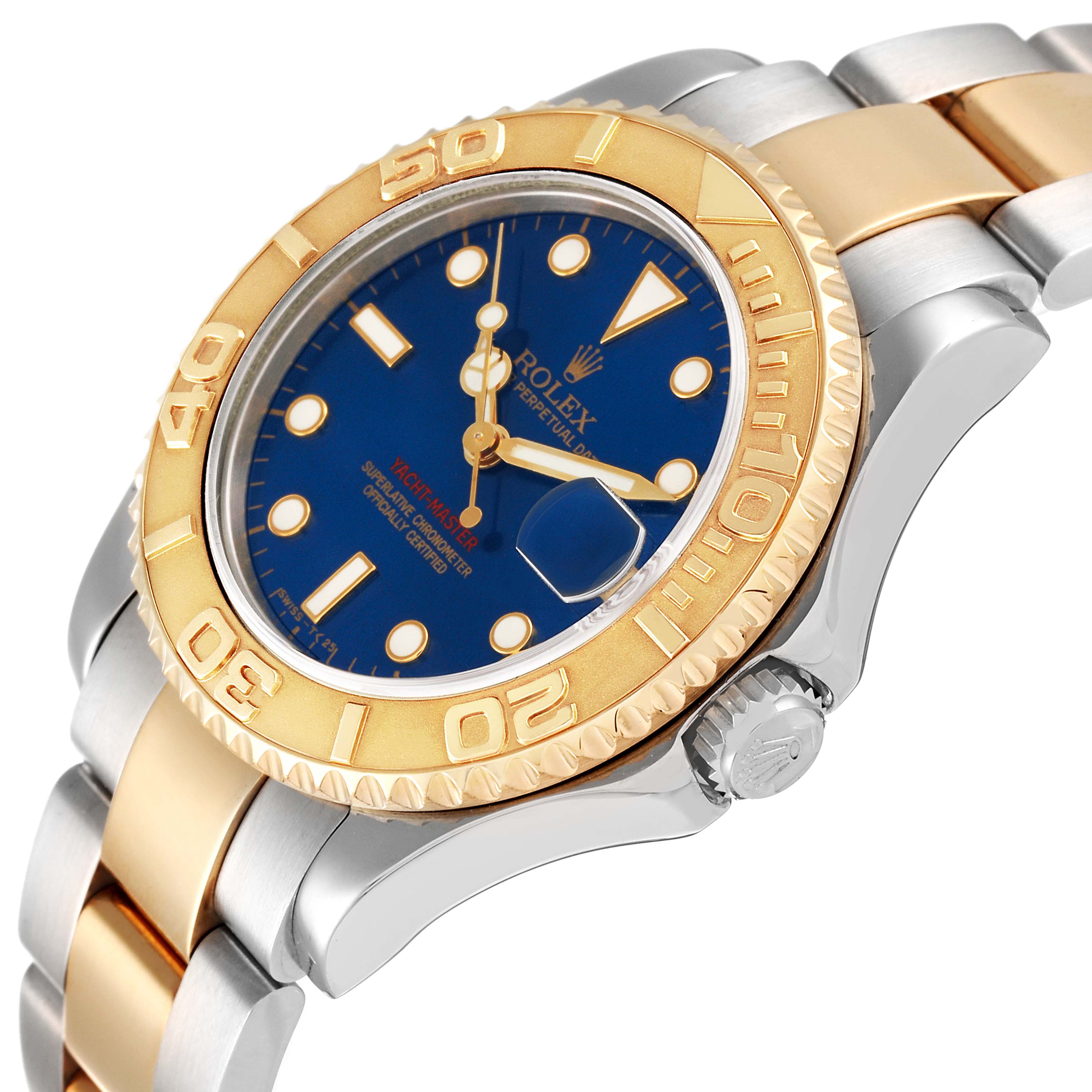 This image shows a Rolex Yacht-Master 68623 Men
s Steel and Gold (two tone) Blue Dial 68623 Men
s Steel and Gold (two tone) Blue Dial watch at an angle highlighting its blue dial, gold bezel, and two-tone metal bracelet.