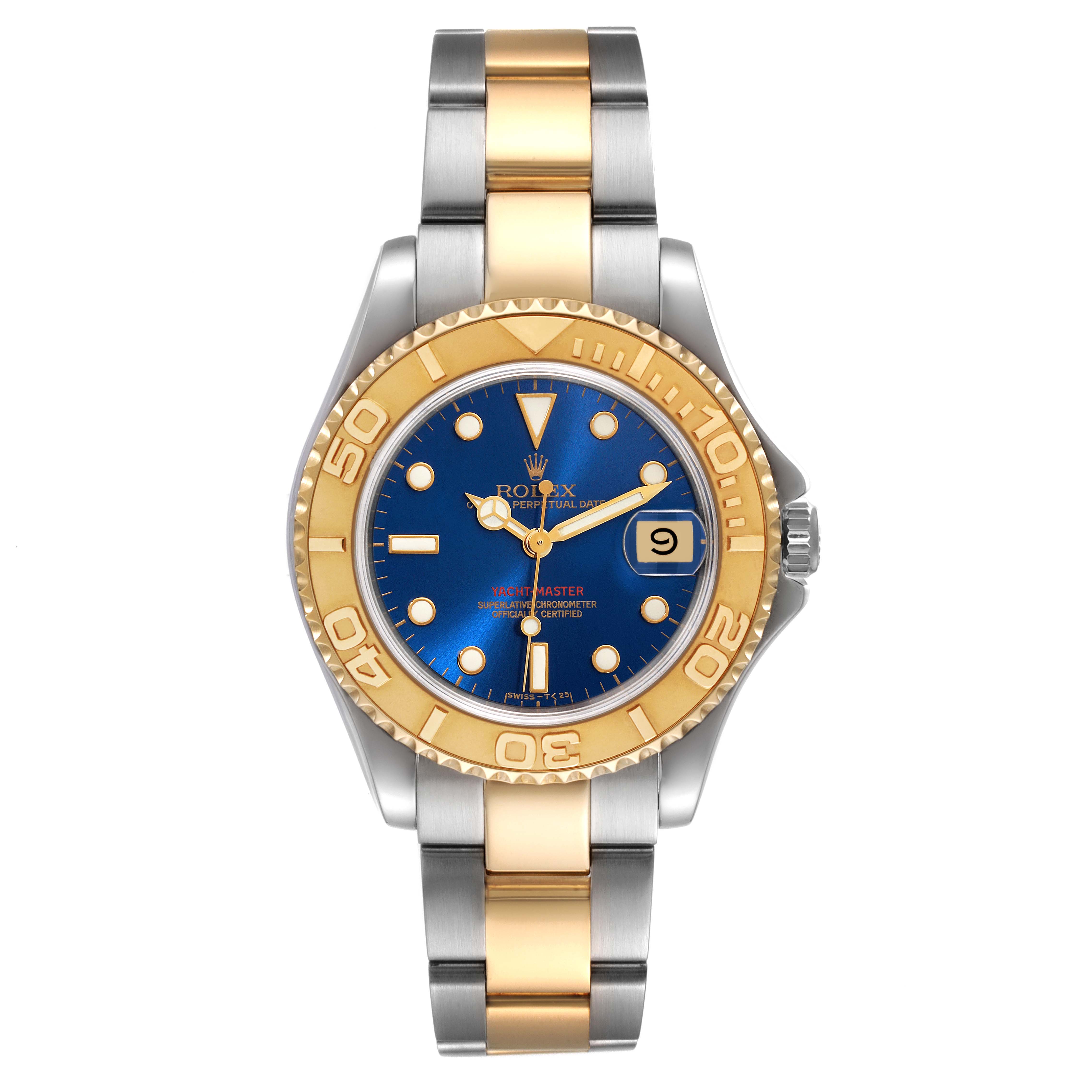 This image shows a front view of a Rolex Yacht-Master 68623 Men
s Steel and Gold (two tone) Blue Dial 68623 Men
s Steel and Gold (two tone) Blue Dial watch featuring a blue dial, two-tone bracelet, and gold bezel.