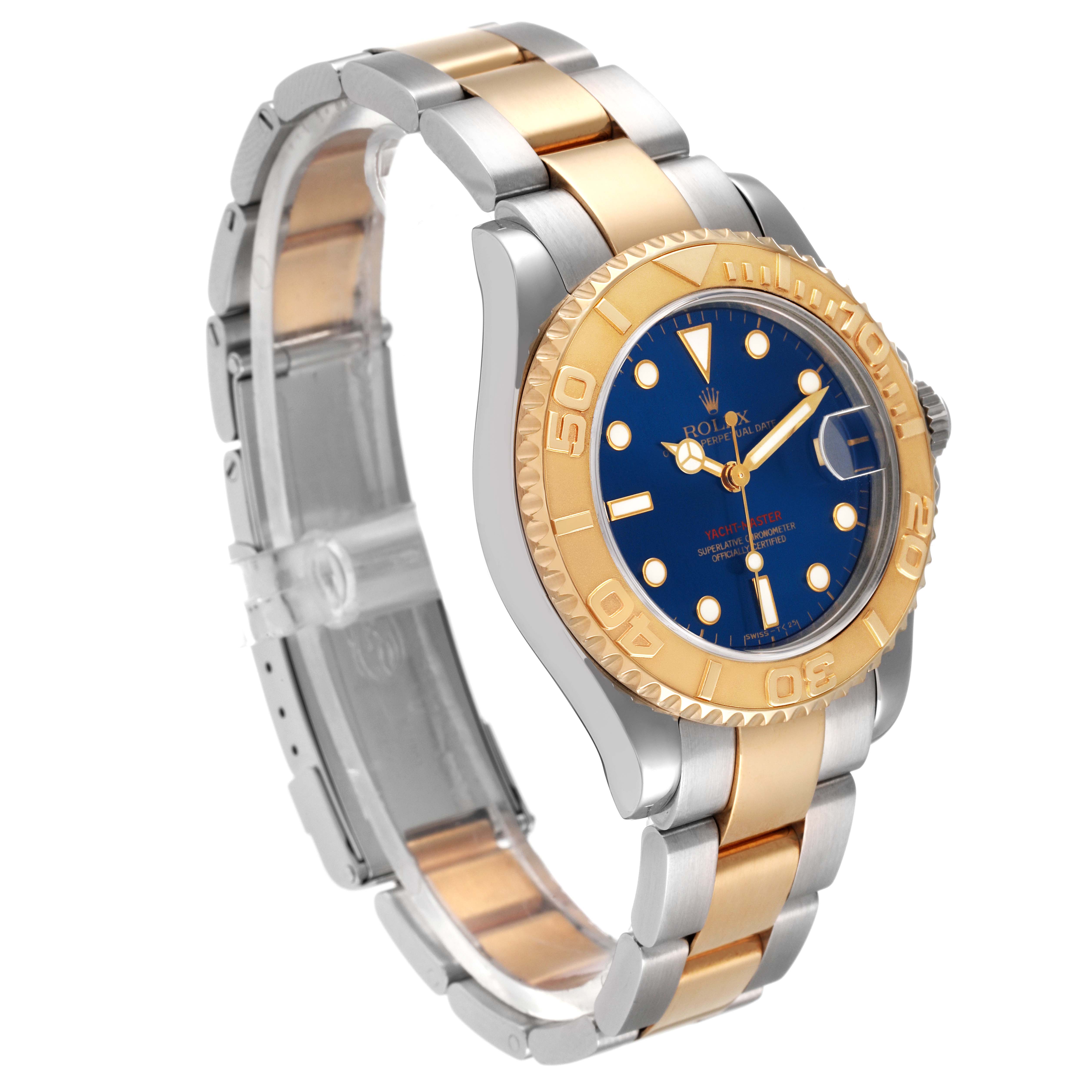 The Rolex Yacht-Master 68623 Men
s Steel and Gold (two tone) Blue Dial 68623 Men
s Steel and Gold (two tone) Blue Dial watch is shown at an angle highlighting its blue dial, gold bezel, and two-tone bracelet.