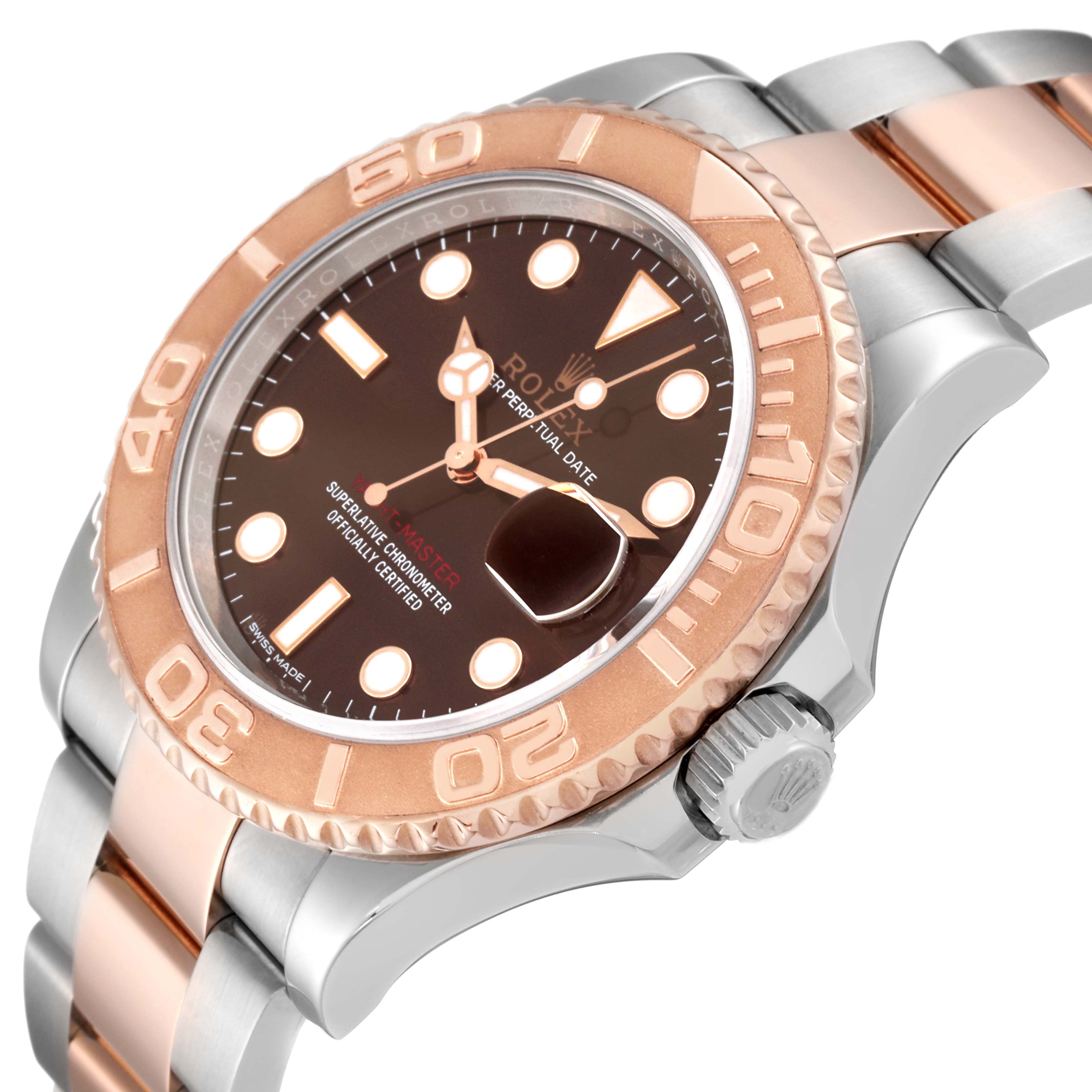 The Rolex Yacht-Master 116621 Men's Steel and Gold (two tone) Brown Dial 116621 Men's Steel and Gold (two tone) Brown Dial watch is shown at a three-quarter angle highlighting the dial, bezel, and bracelet.