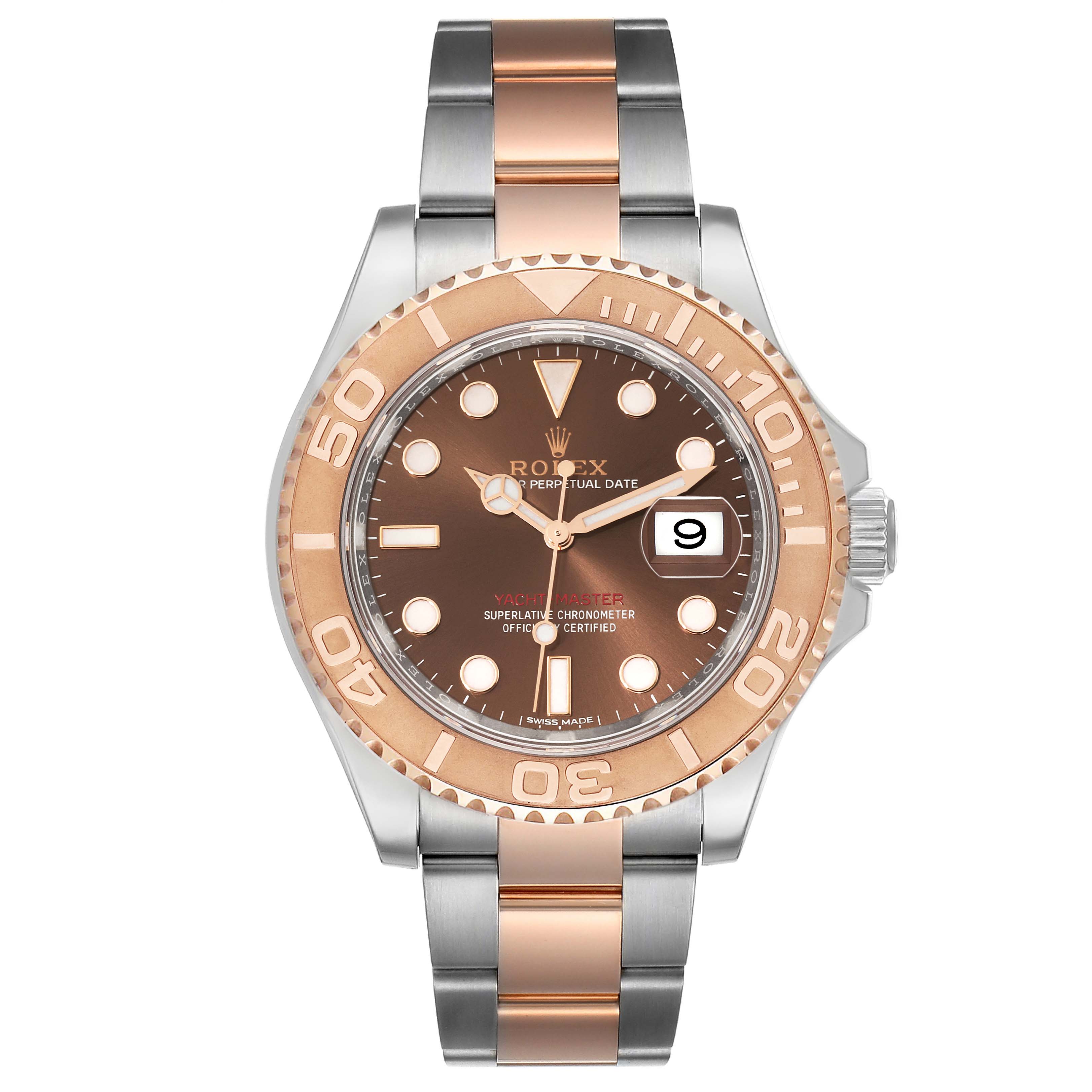This image shows a front view of the Rolex Yacht-Master 116621 Men's Steel and Gold (two tone) Brown Dial 116621 Men's Steel and Gold (two tone) Brown Dial watch, featuring its brown dial, two-tone bracelet, and rose gold bezel.