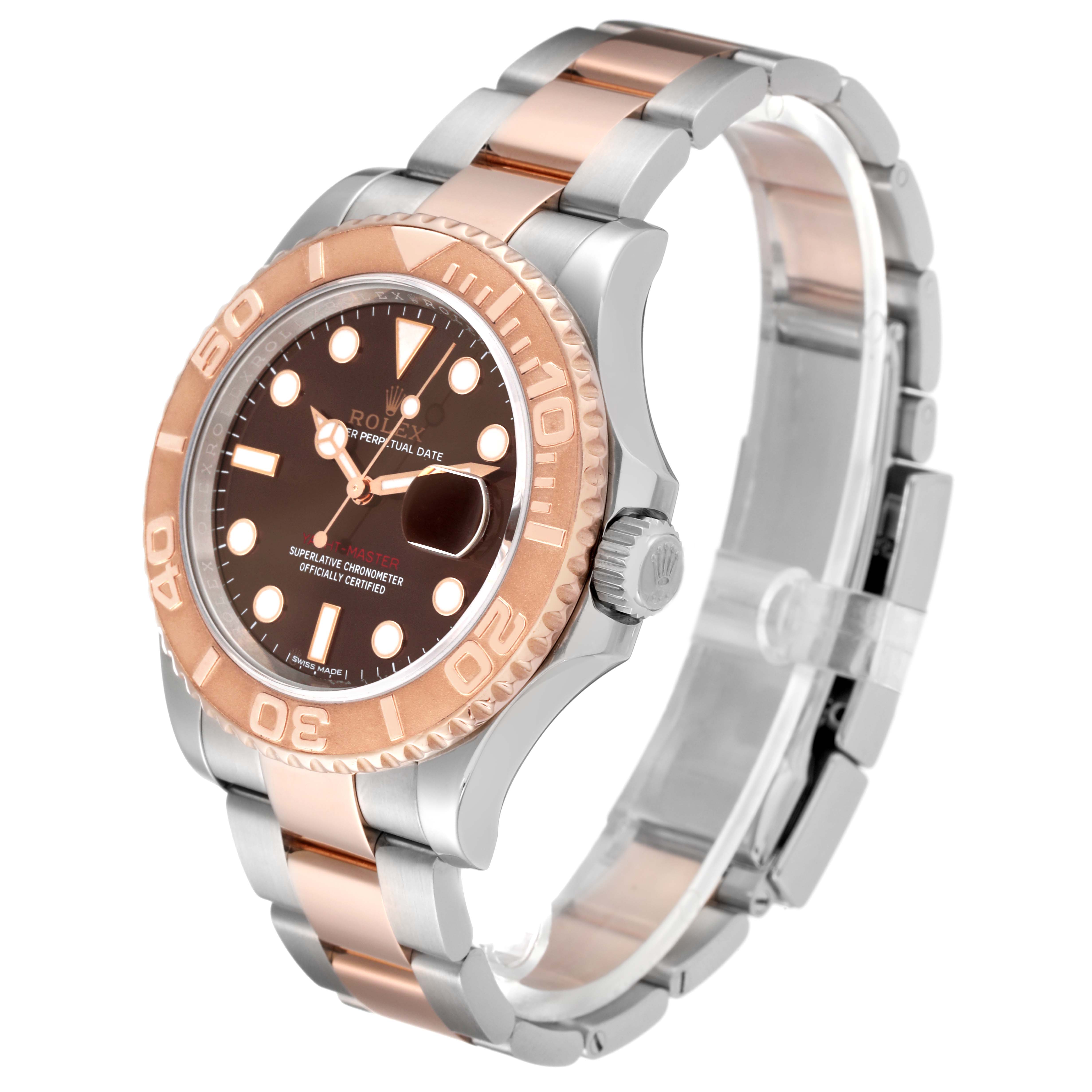 This image shows a side angle of a Rolex Yacht-Master 116621 Men's Steel and Gold (two tone) Brown Dial 116621 Men's Steel and Gold (two tone) Brown Dial watch, highlighting its bezel, dial, and two-tone bracelet.
