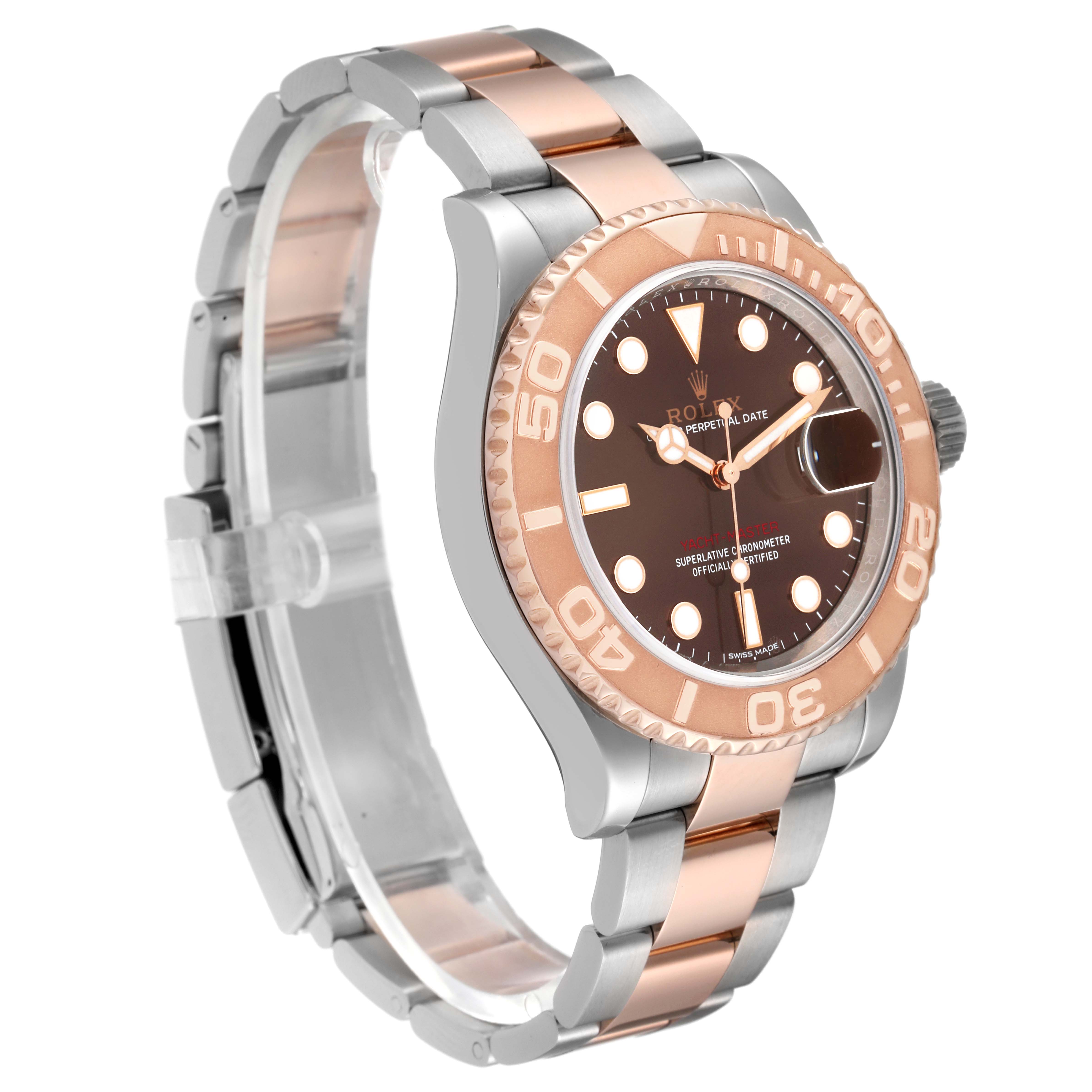 The image shows a side view of the Rolex Yacht-Master 116621 Men's Steel and Gold (two tone) Brown Dial 116621 Men's Steel and Gold (two tone) Brown Dial watch, highlighting its bezel, dial, and two-tone bracelet.