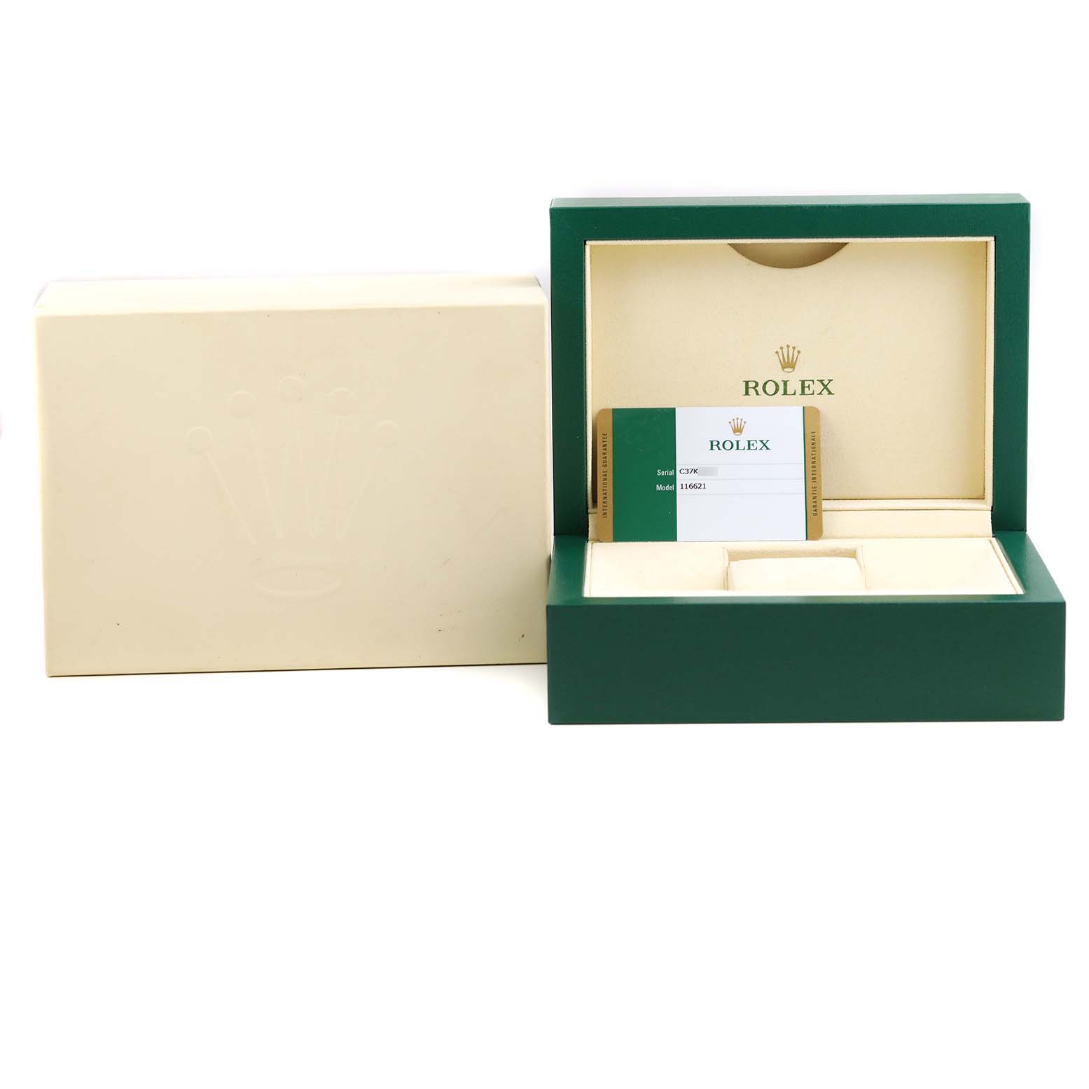 This image shows the original packaging and warranty card for a Rolex Yacht-Master 116621 Men's Steel and Gold (two tone) Brown Dial 116621 Men's Steel and Gold (two tone) Brown Dial watch.