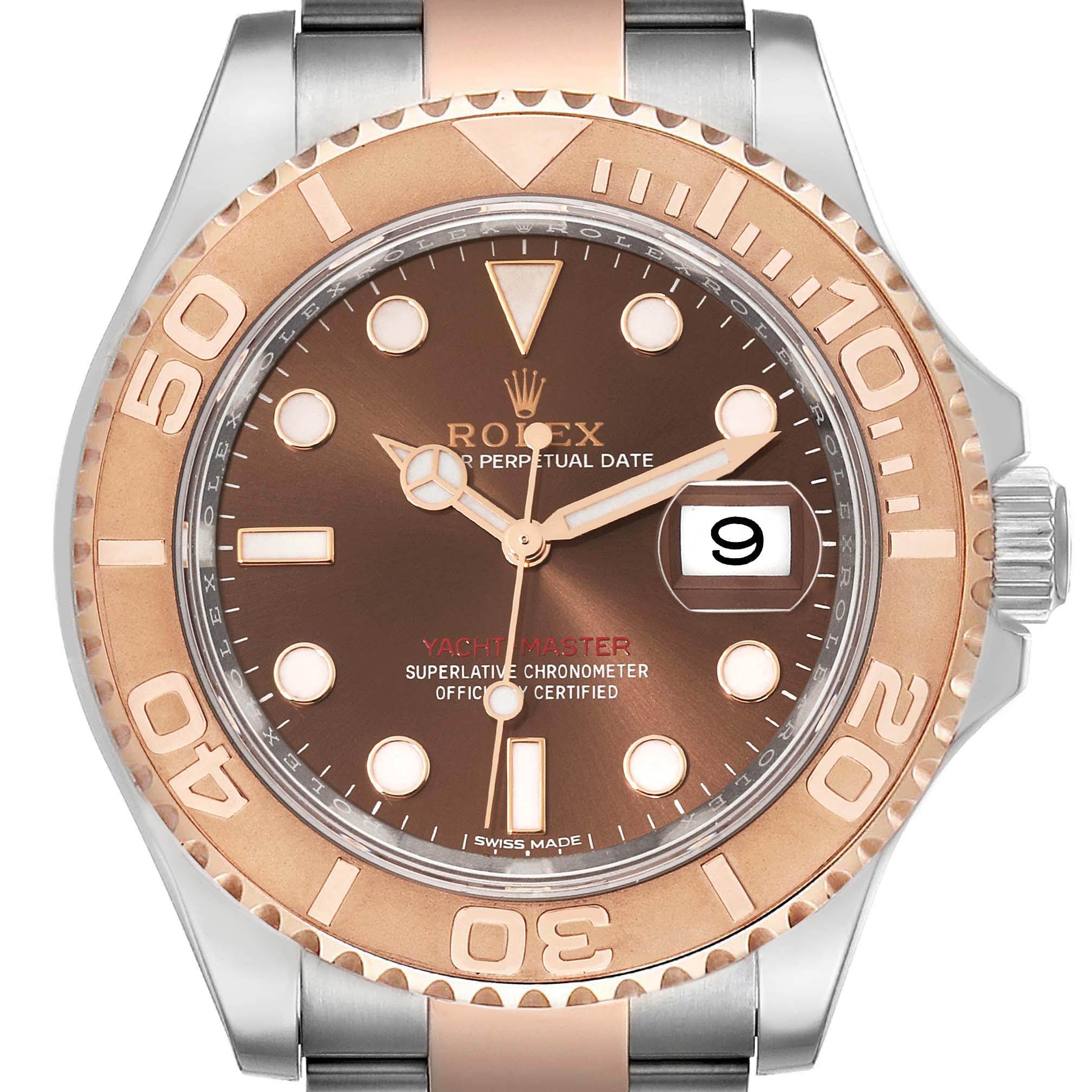 The Rolex Yacht-Master 116621 Men's Steel and Gold (two tone) Brown Dial 116621 Men's Steel and Gold (two tone) Brown Dial watch is shown from the front, displaying the bezel, dial, hands, markers, and part of the bracelet.