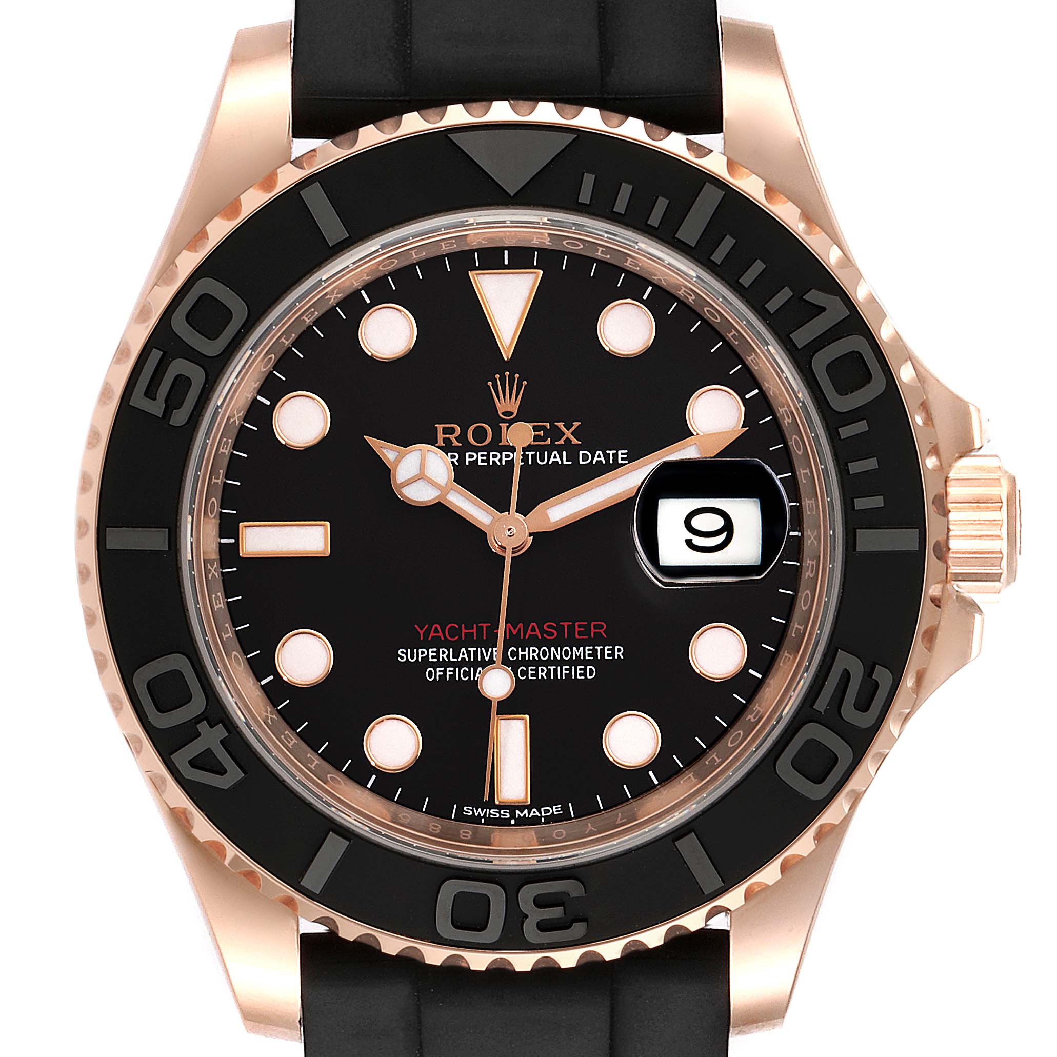The image shows a front view of the Rolex Yacht-Master 116655 Men
s Rose Gold Black Dial 116655 Men
s Rose Gold Black Dial watch, highlighting the dial, date window, and bezel.