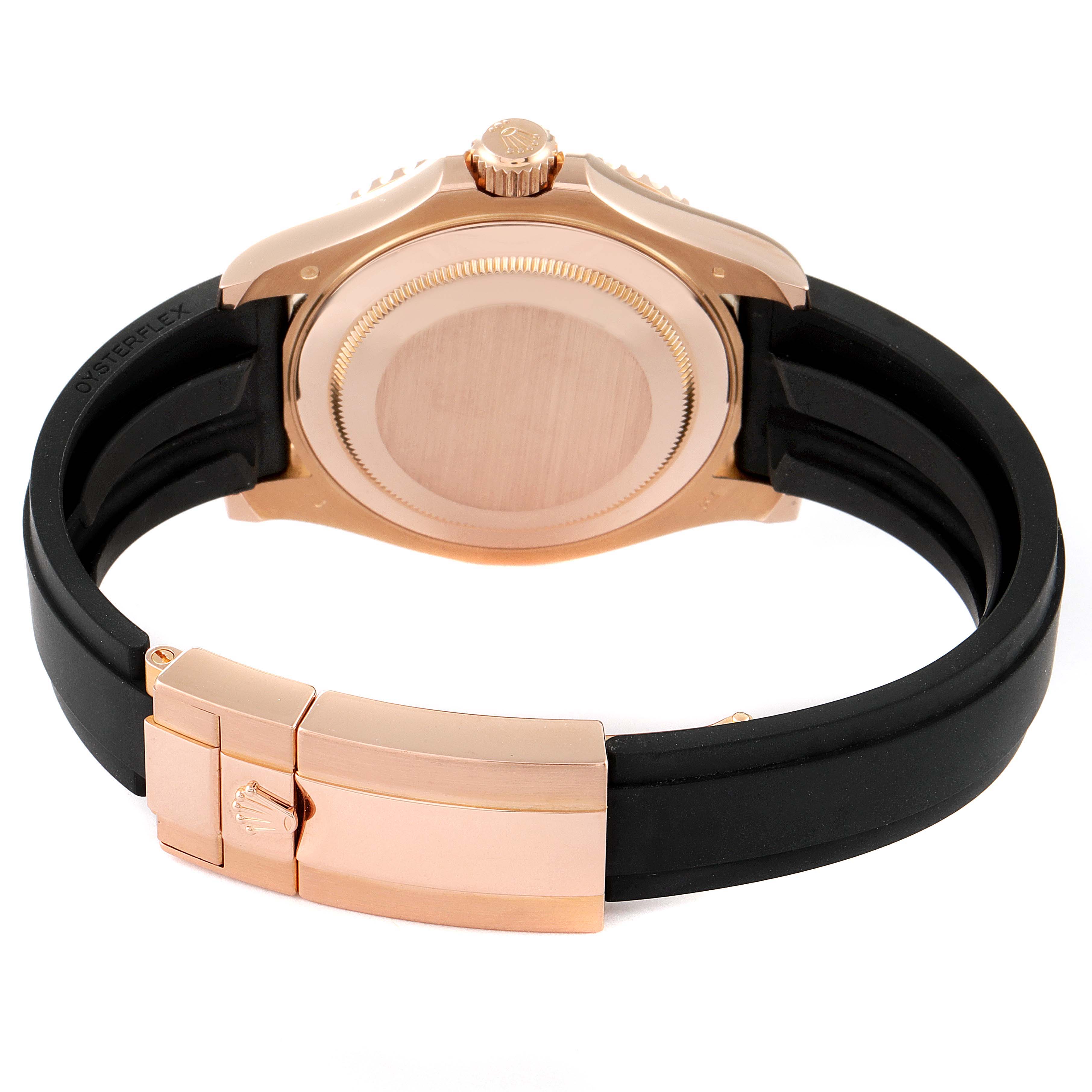 This Rolex Yacht-Master 116655 Men
s Rose Gold Black Dial 116655 Men
s Rose Gold Black Dial watch is shown from the back, highlighting the caseback, crown, and the Oysterflex rubber strap with clasp.