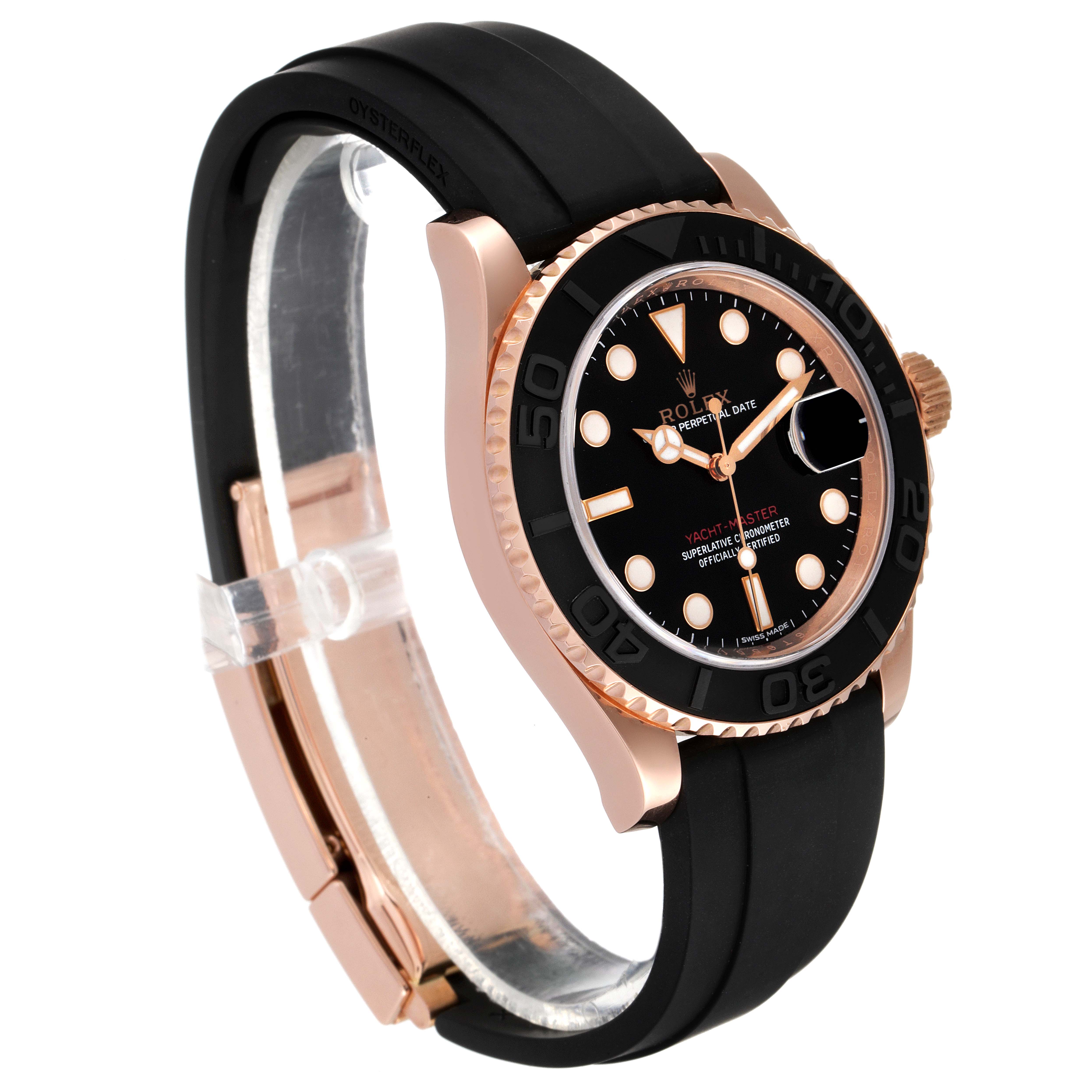 The Rolex Yacht-Master 116655 Men
s Rose Gold Black Dial 116655 Men
s Rose Gold Black Dial watch is shown at a three-quarter angle, highlighting the black dial, rose gold bezel, and black strap.