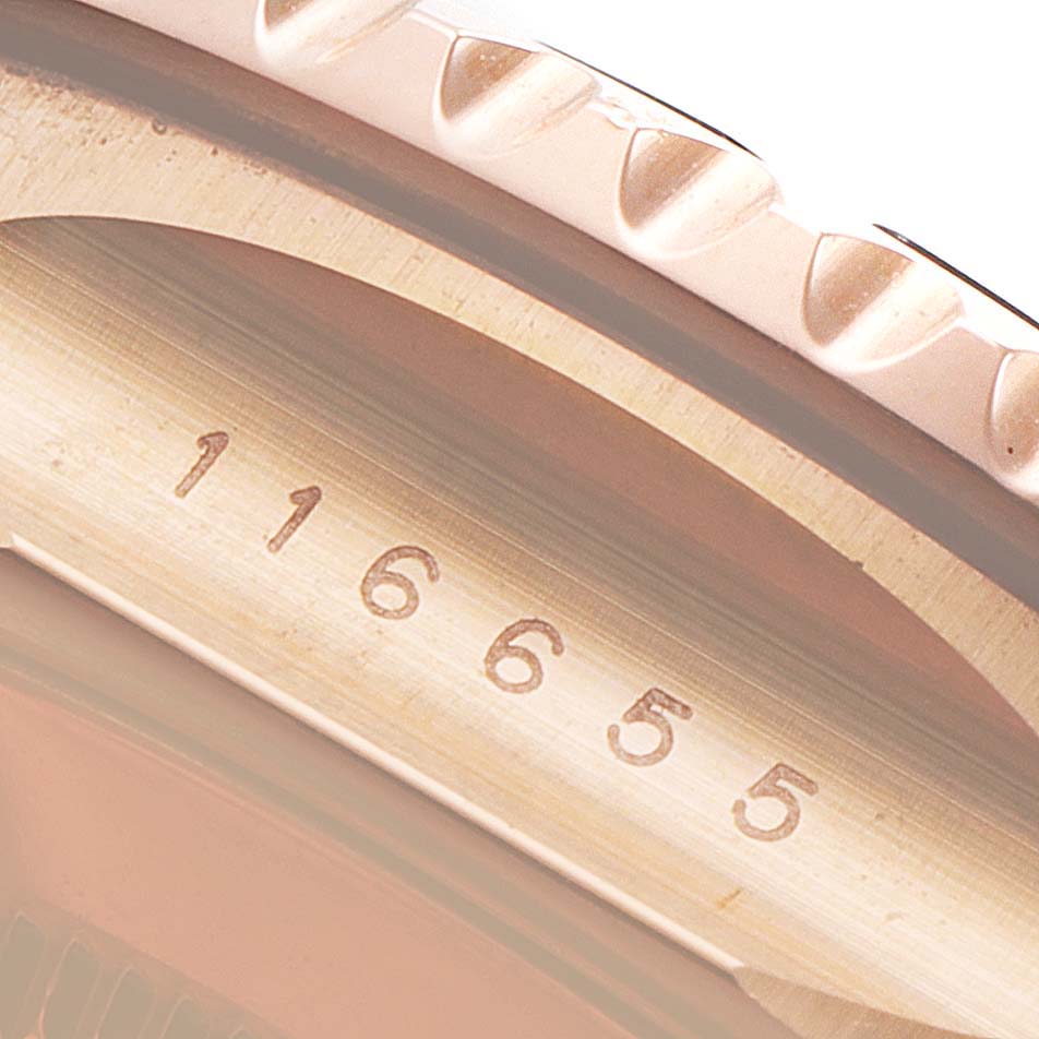 This close-up image of a Rolex Yacht-Master 116655 Men
s Rose Gold Black Dial 116655 Men
s Rose Gold Black Dial watch shows the model number "116655" on the inner bezel.