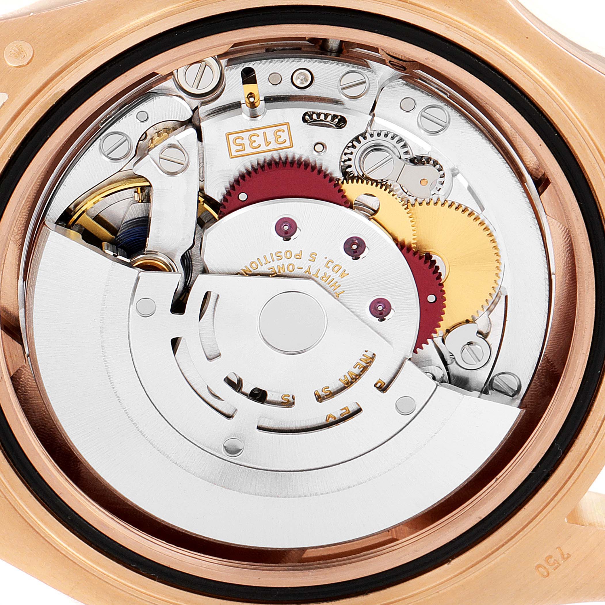 The image shows the detailed inner mechanics and movement of a Rolex Yacht-Master 116655 Men
s Rose Gold Black Dial 116655 Men
s Rose Gold Black Dial watch from the rear angle with the case back removed.