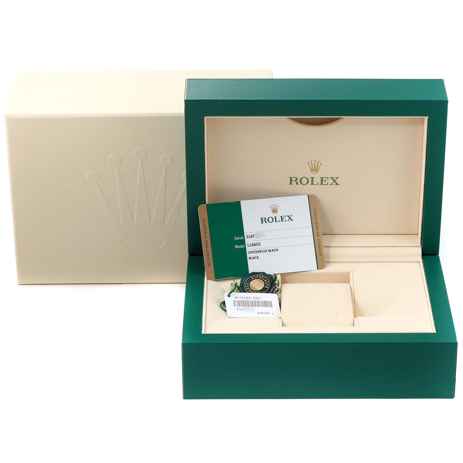 The image shows the packaging box and Best Quality
ity card for a Rolex Yacht-Master 116655 Men
s Rose Gold Black Dial 116655 Men
s Rose Gold Black Dial watch.
