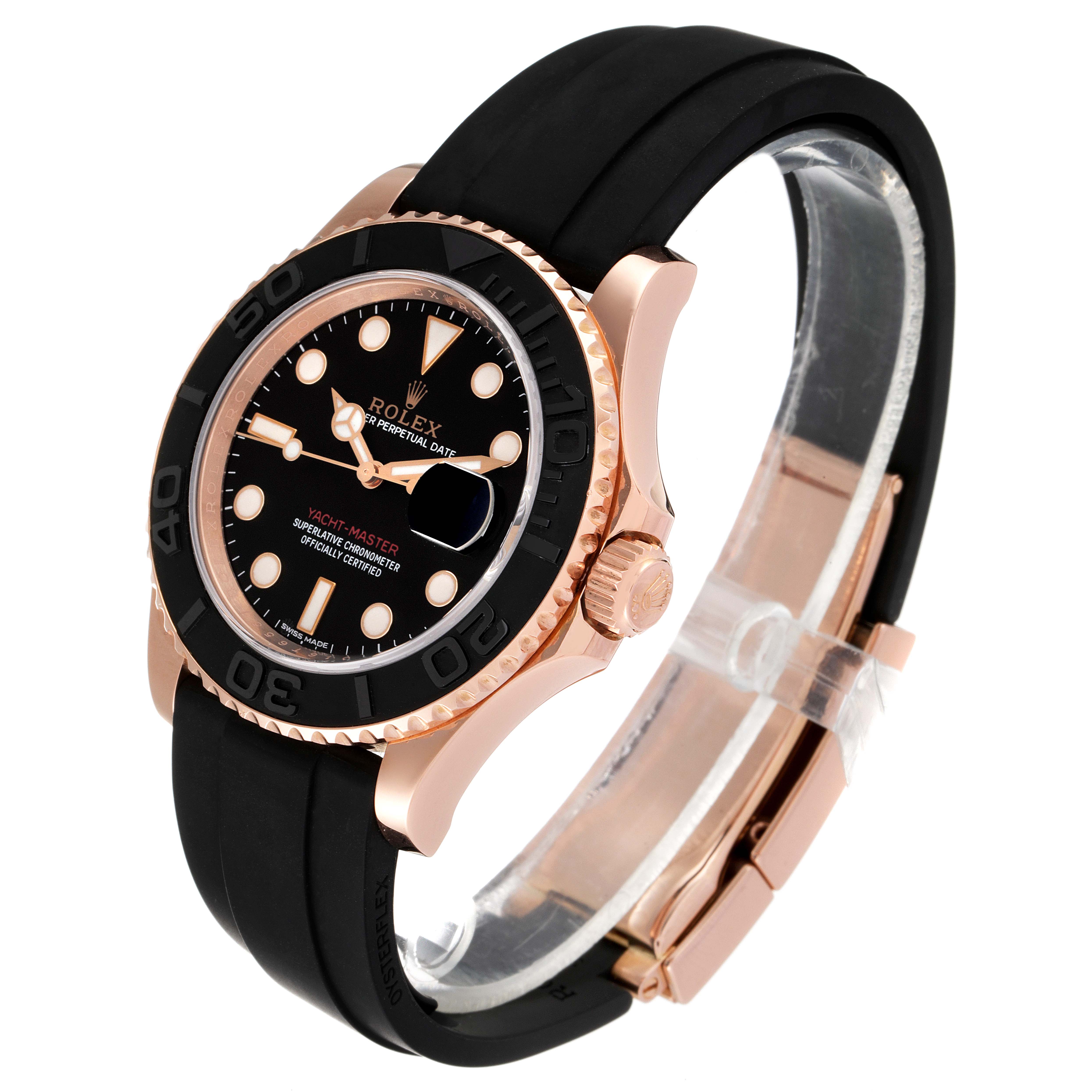 The image shows a Rolex Yacht-Master 116655 Men
s Rose Gold Black Dial 116655 Men
s Rose Gold Black Dial watch at a slight angle, highlighting the black dial, bezel, and rubber strap.