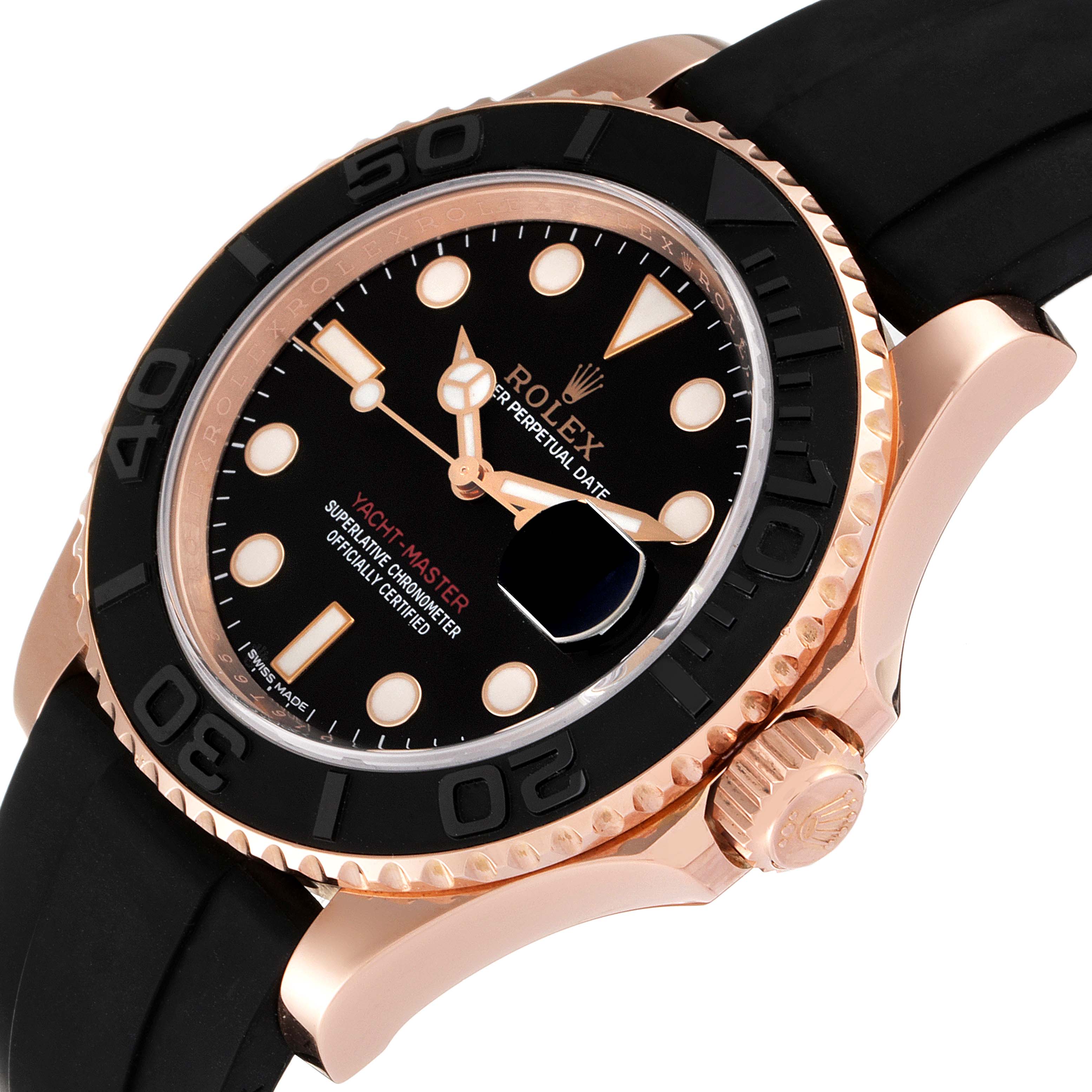 The image shows a close-up view of a Rolex Yacht-Master 116655 Men
s Rose Gold Black Dial 116655 Men
s Rose Gold Black Dial watch, highlighting its face, bezel, crown, and part of the strap.