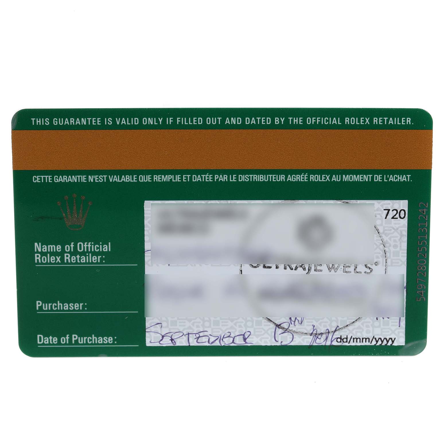 This image shows the warranty card for a Rolex Yacht-Master 116655 Men
s Rose Gold Black Dial 116655 Men
s Rose Gold Black Dial watch, highlighting the name of the retailer, purchaser, and date of purchase.