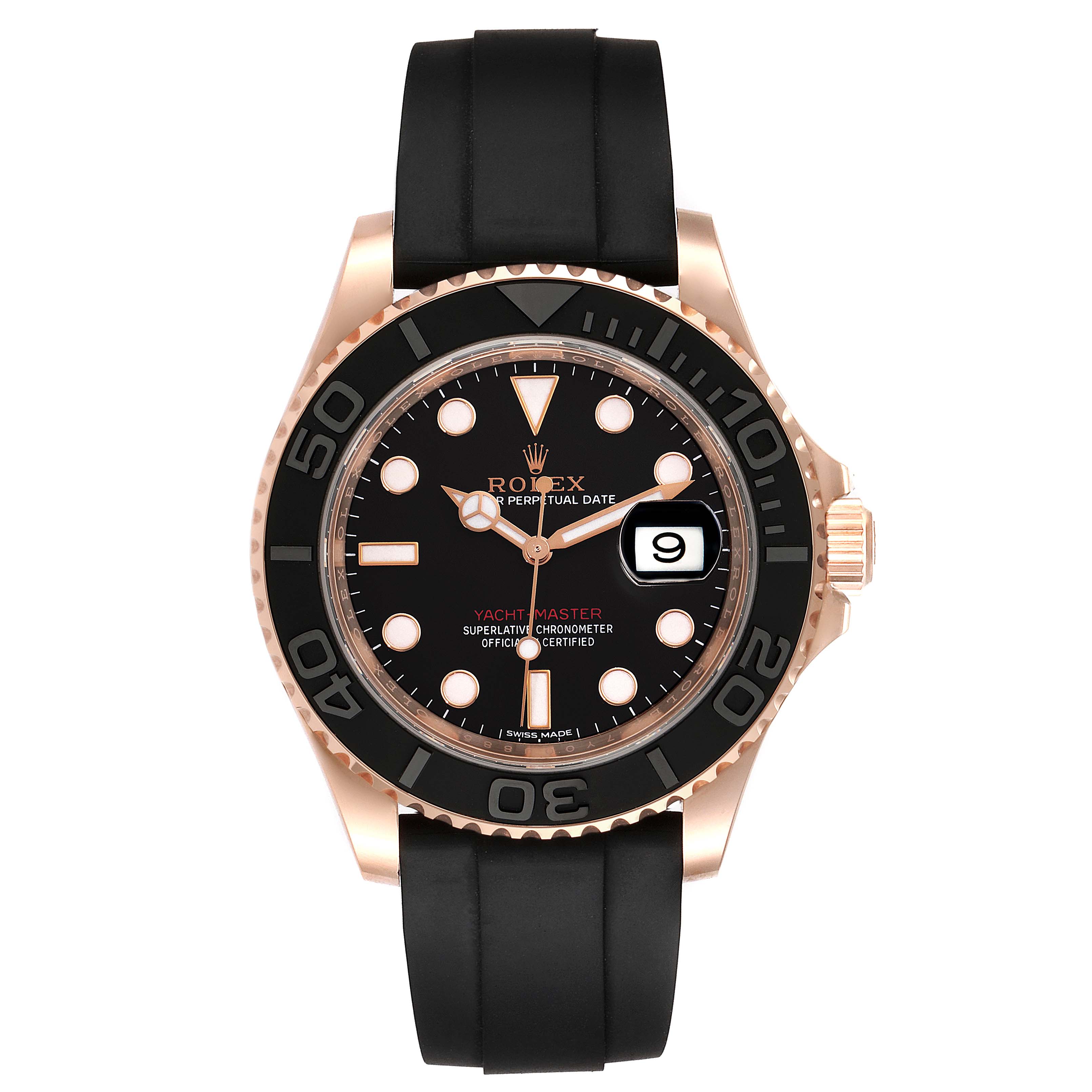 The image shows a front view of a Rolex Yacht-Master 116655 Men
s Rose Gold Black Dial 116655 Men
s Rose Gold Black Dial watch with a black dial, black bezel, and black rubber strap.
