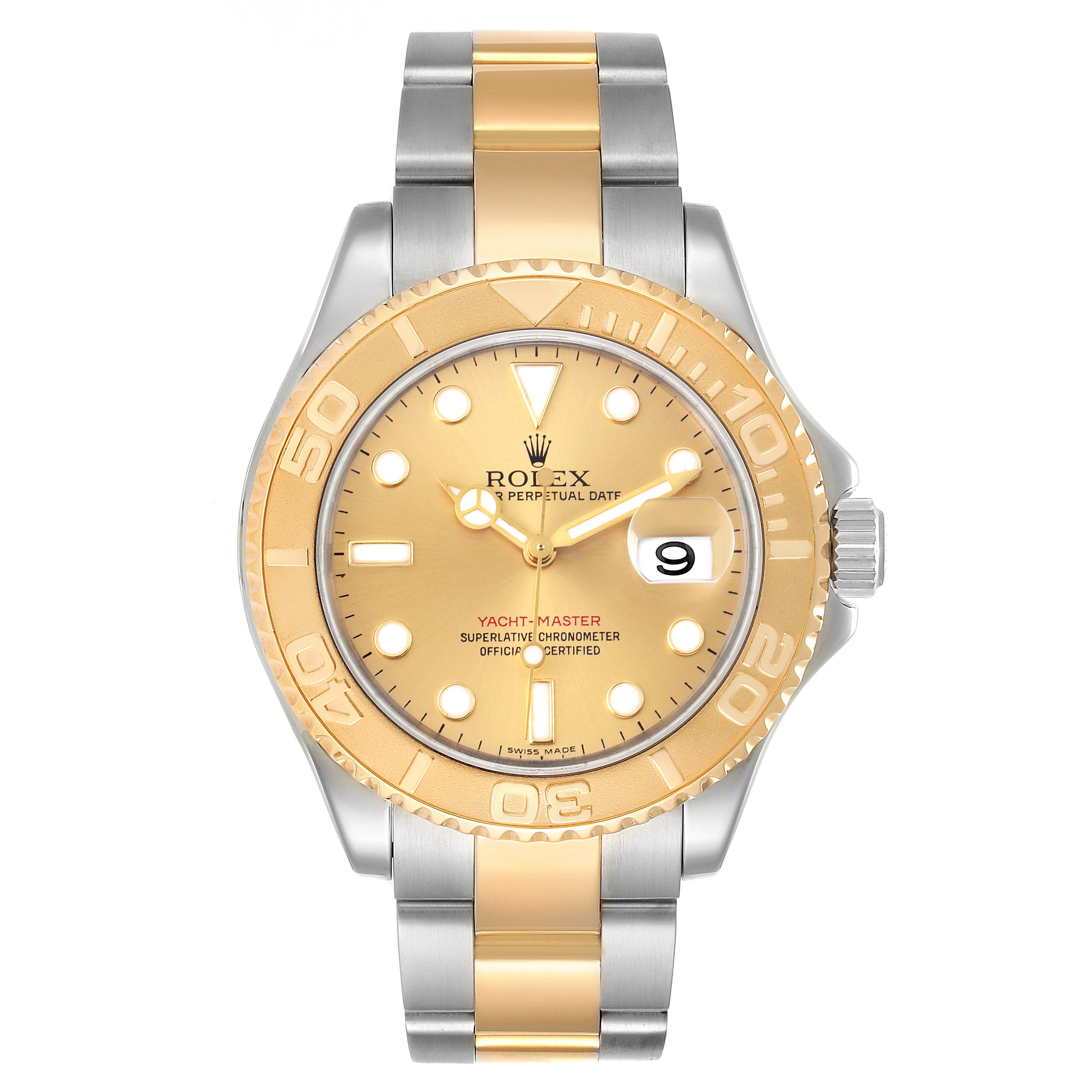 The Rolex Yacht-Master 16623 Men
s Steel and Gold (two tone) Champagne Dial 16623 Men
s Steel and Gold (two tone) Champagne Dial watch is shown from a front angle, highlighting the dial, bezel, and two-tone metal bracelet.