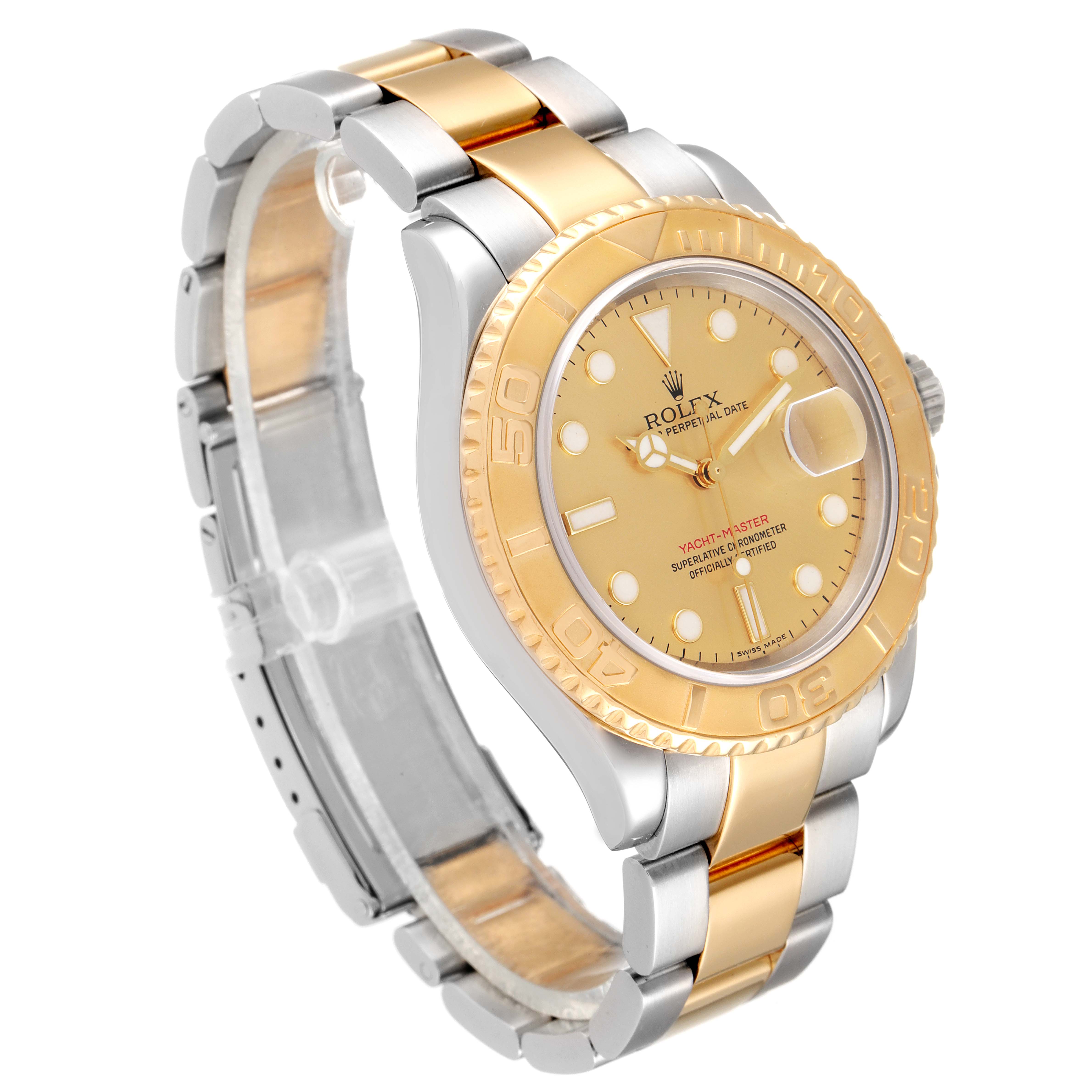The Rolex Yacht-Master 16623 Men
s Steel and Gold (two tone) Champagne Dial 16623 Men
s Steel and Gold (two tone) Champagne Dial watch is shown at an angle displaying the face, bezel, and part of the bracelet.