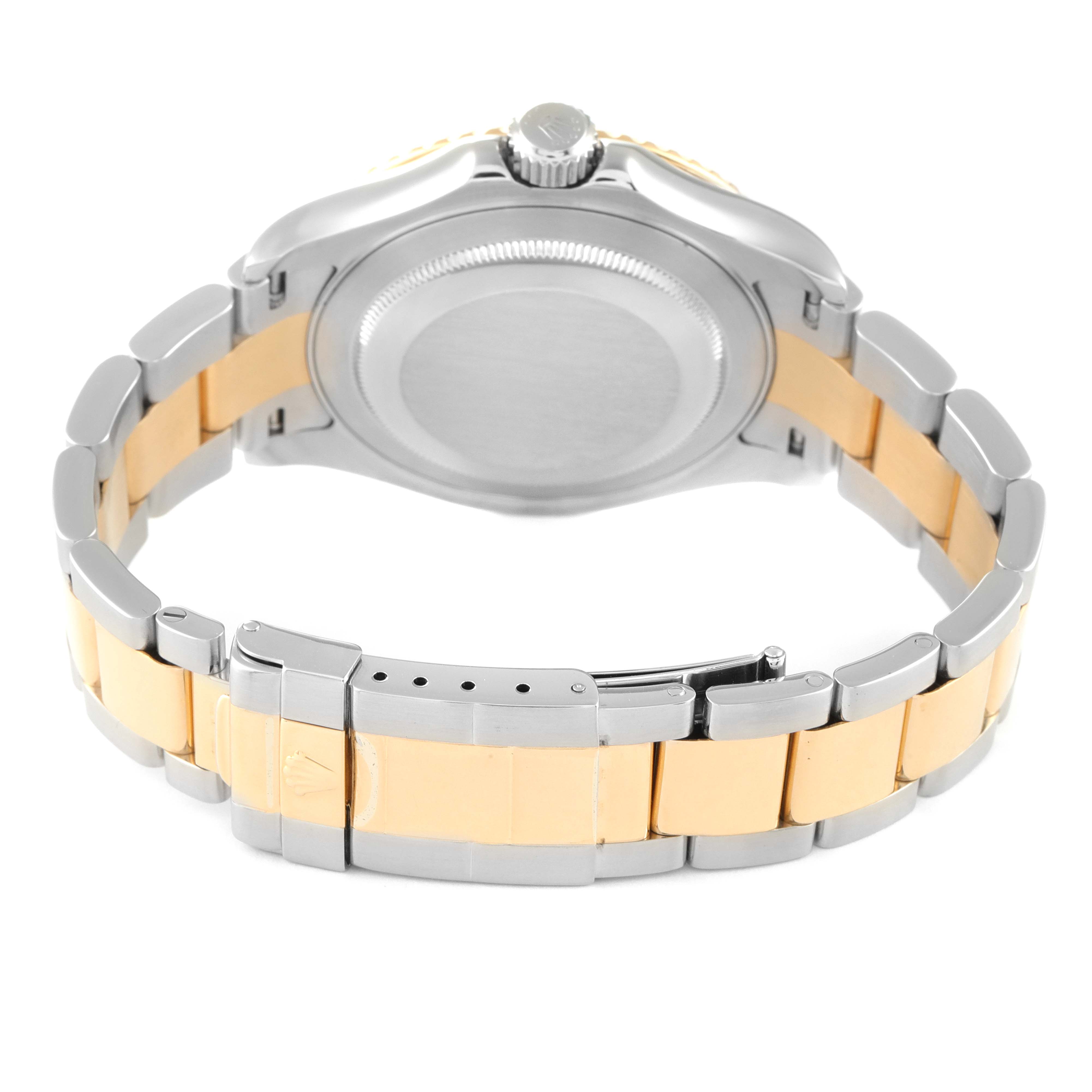 The image shows the rear view of the Rolex Yacht-Master 16623 Men
s Steel and Gold (two tone) Champagne Dial 16623 Men
s Steel and Gold (two tone) Champagne Dial watch, highlighting the case back and bracelet.