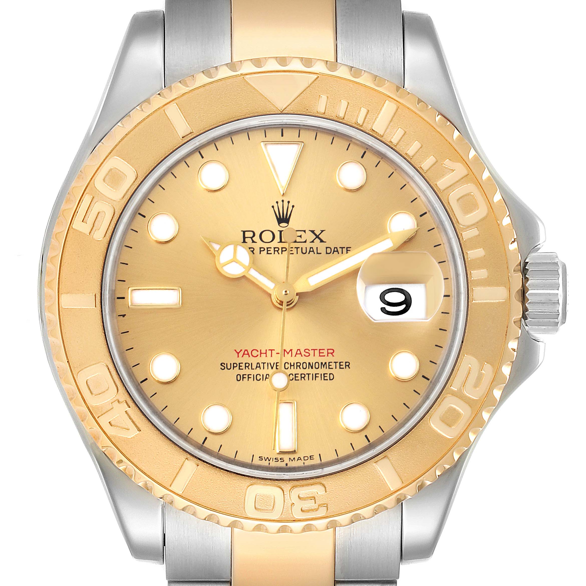 The image shows a frontal view of the Rolex Yacht-Master 16623 Men
s Steel and Gold (two tone) Champagne Dial 16623 Men
s Steel and Gold (two tone) Champagne Dial watch, highlighting the face, bezel, and part of the bracelet.