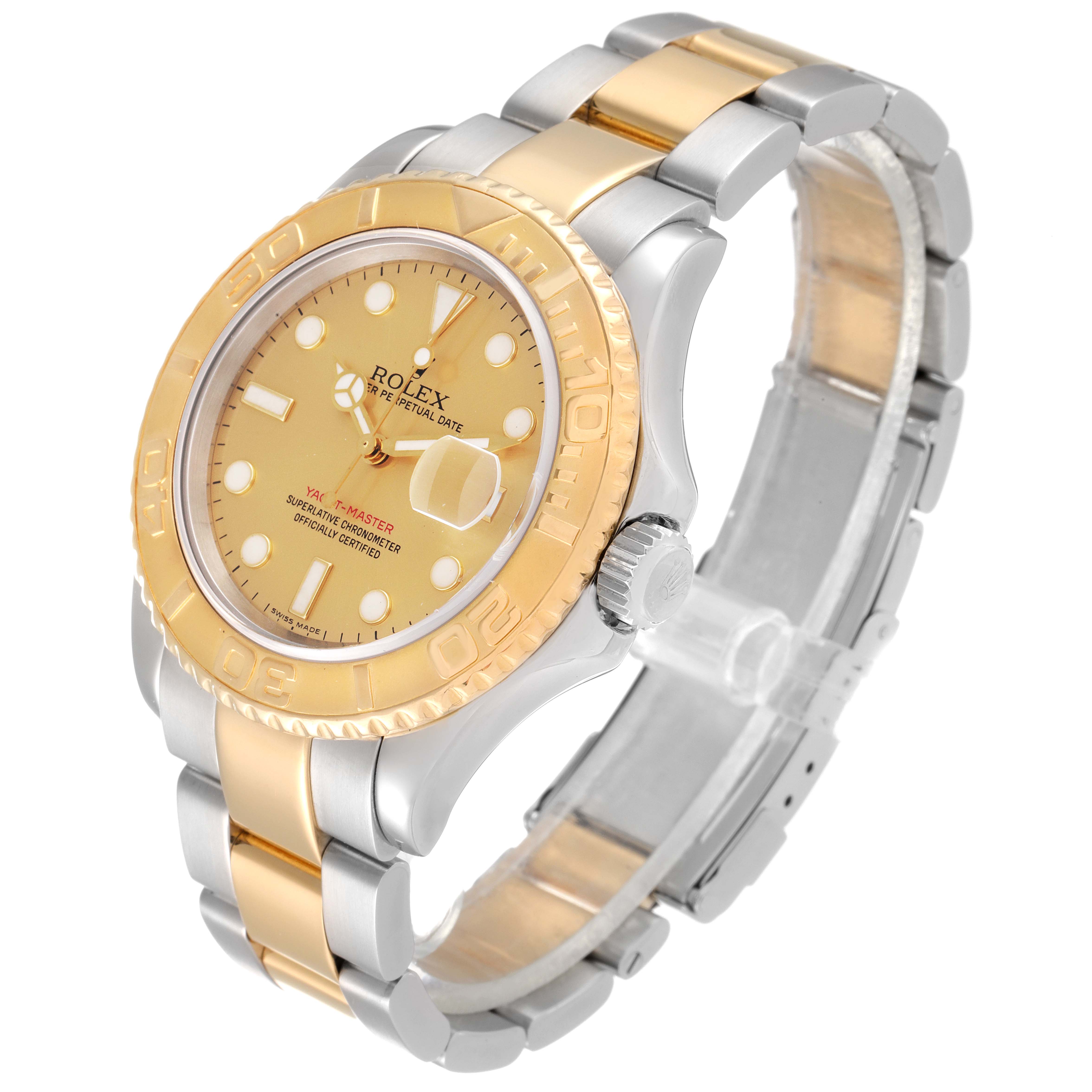 The Rolex Yacht-Master 16623 Men
s Steel and Gold (two tone) Champagne Dial 16623 Men
s Steel and Gold (two tone) Champagne Dial watch is shown at an angled view, displaying its bezel, crown, bracelet, and dial.