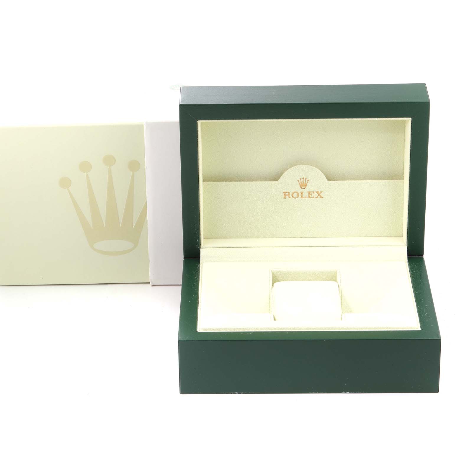 The image shows an open green Rolex Yacht-Master 16623 Men
s Steel and Gold (two tone) Champagne Dial 16623 Men
s Steel and Gold (two tone) Champagne Dial watch box with the brand logo inside the lid.