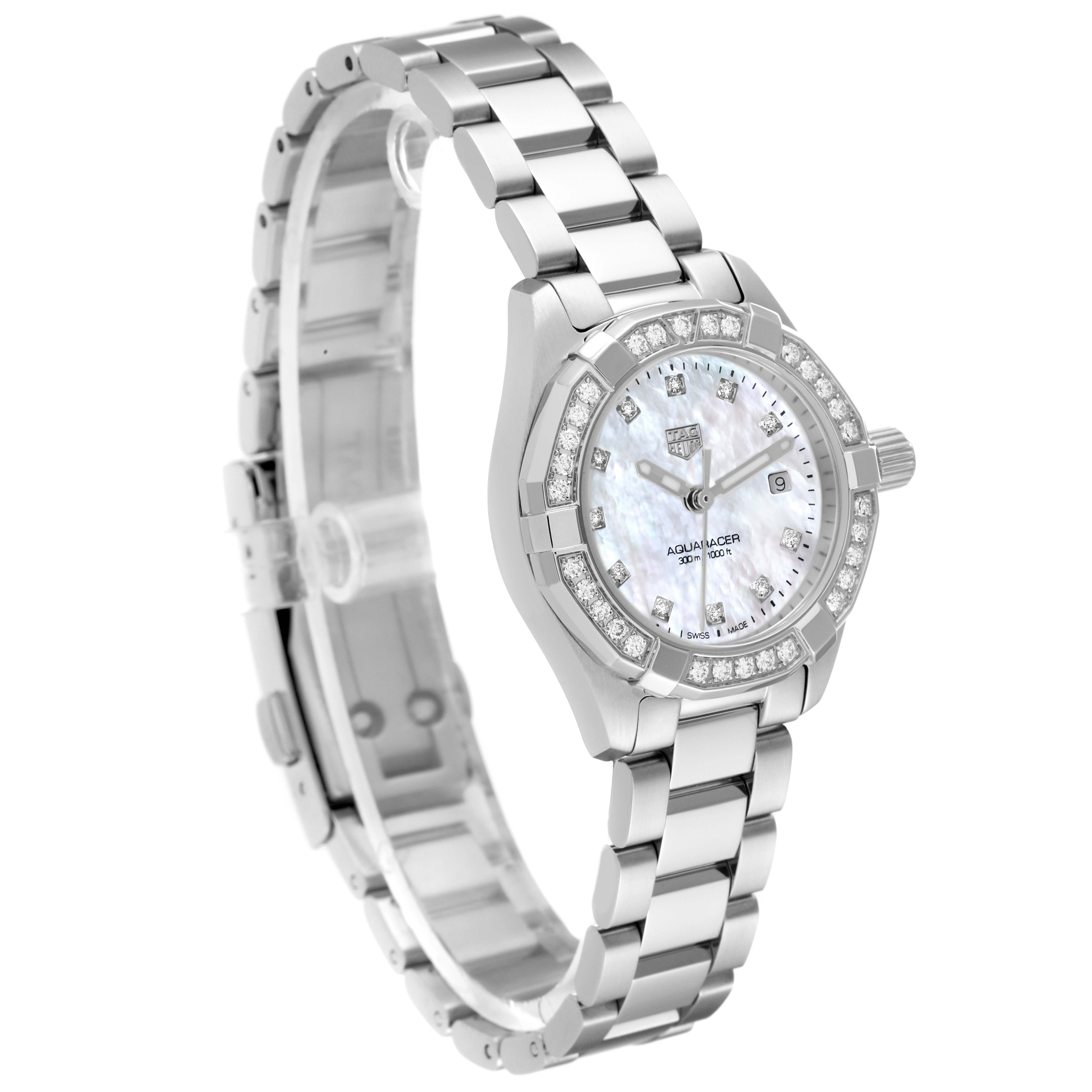 This image shows a Tag Heuer Aquaracer WBD1415 Women's Stainless Steel Mother of Pearl Dial WBD1415 Women's Stainless Steel Mother of Pearl Dial watch at a quarter-turned angle, displaying the band, face, and bezel.