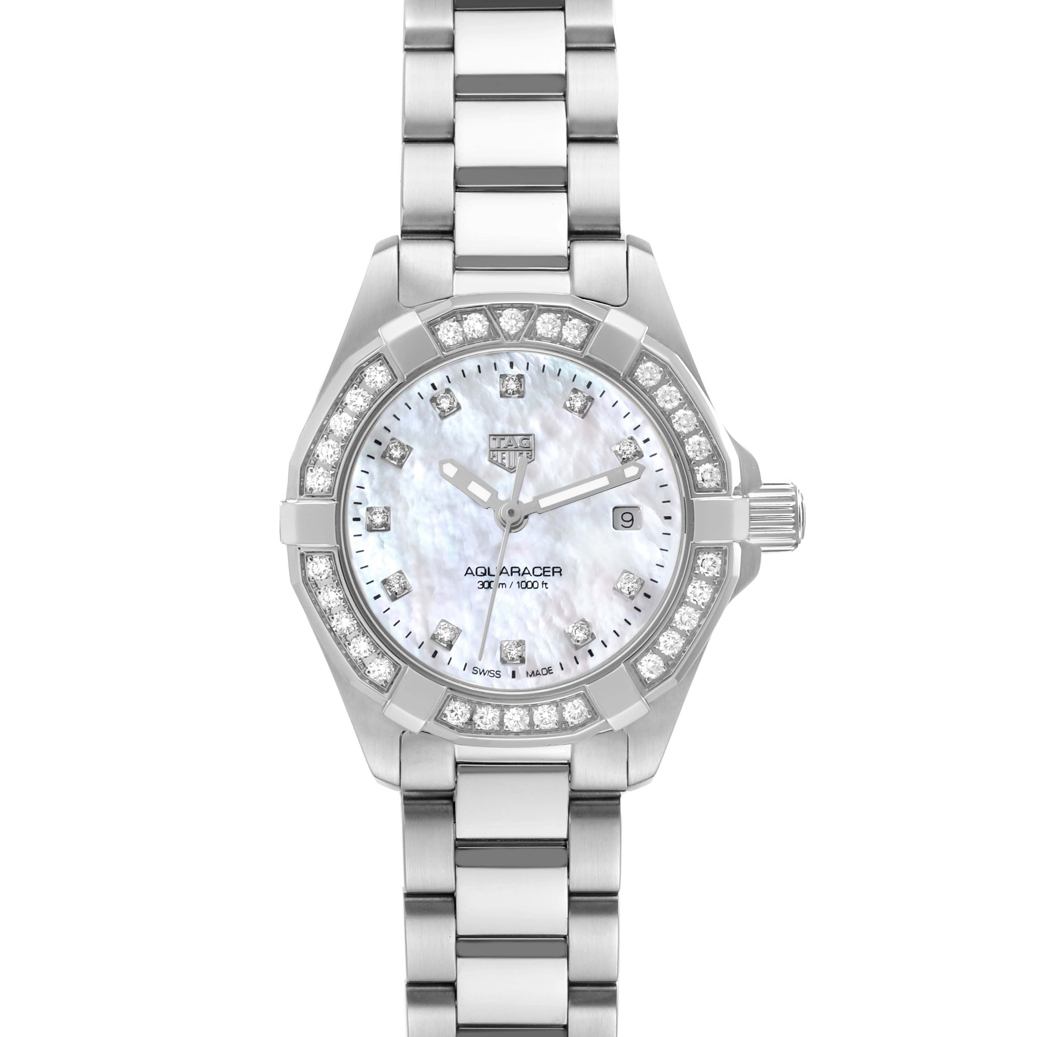The image shows a Tag Heuer Aquaracer WBD1415 Women's Stainless Steel Mother of Pearl Dial WBD1415 Women's Stainless Steel Mother of Pearl Dial watch from a front view, highlighting the dial, bezel, and stainless steel bracelet.