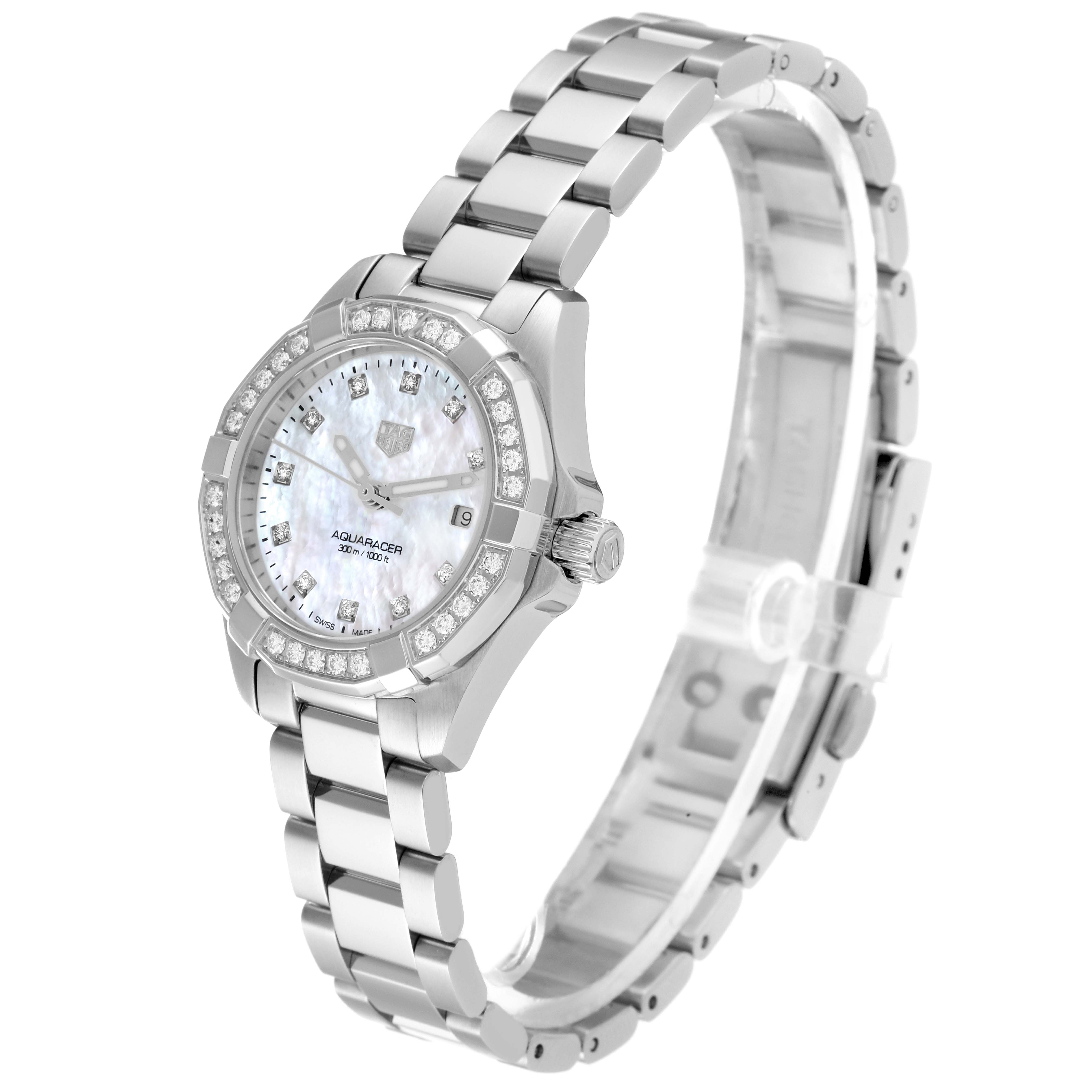 The Tag Heuer Aquaracer WBD1415 Women's Stainless Steel Mother of Pearl Dial WBD1415 Women's Stainless Steel Mother of Pearl Dial watch is shown at an angle, highlighting the face, bezel, crown, and part of the bracelet.