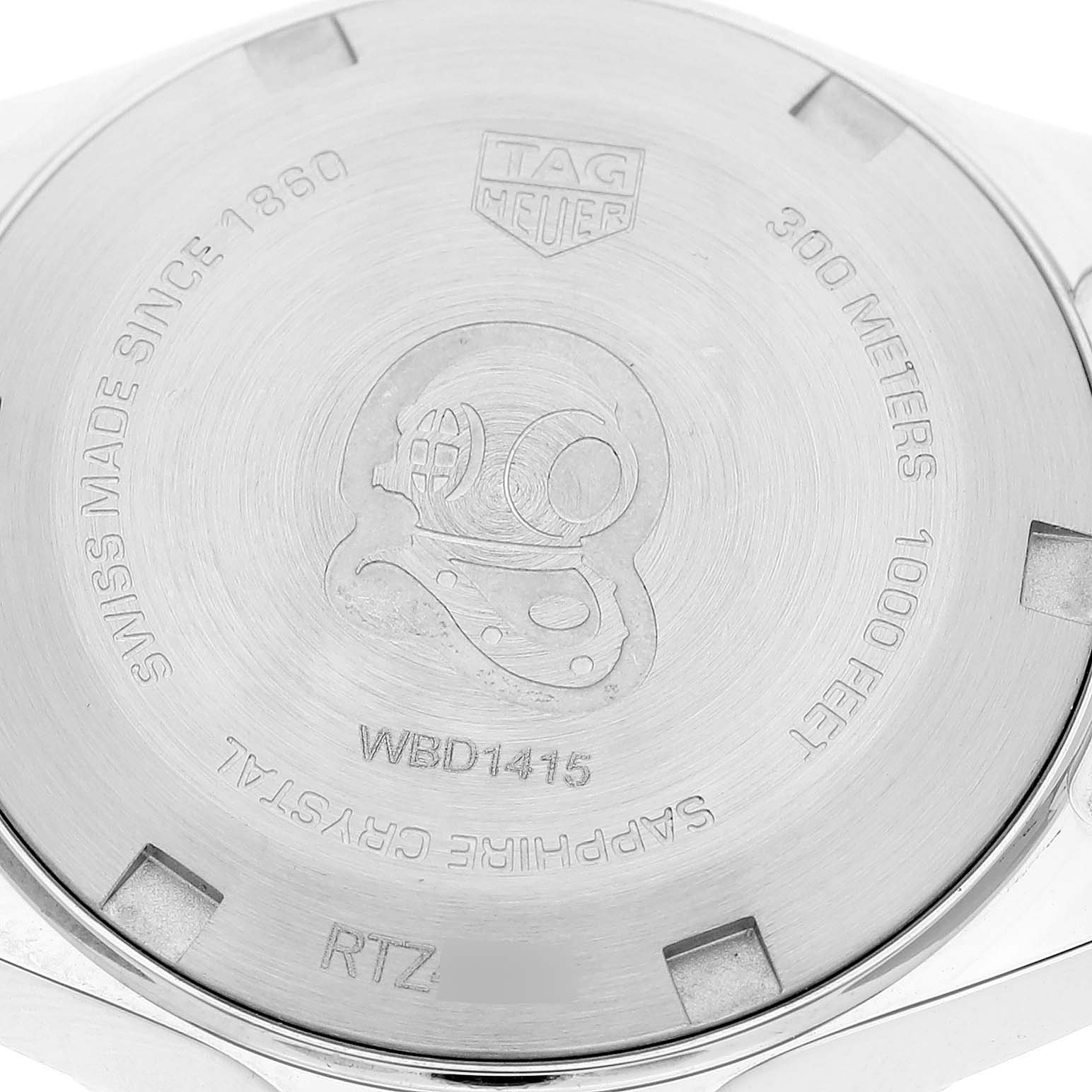 This is the back view of a Tag Heuer Aquaracer WBD1415 Women's Stainless Steel Mother of Pearl Dial WBD1415 Women's Stainless Steel Mother of Pearl Dial watch, showing its engravings and water resistance marking.