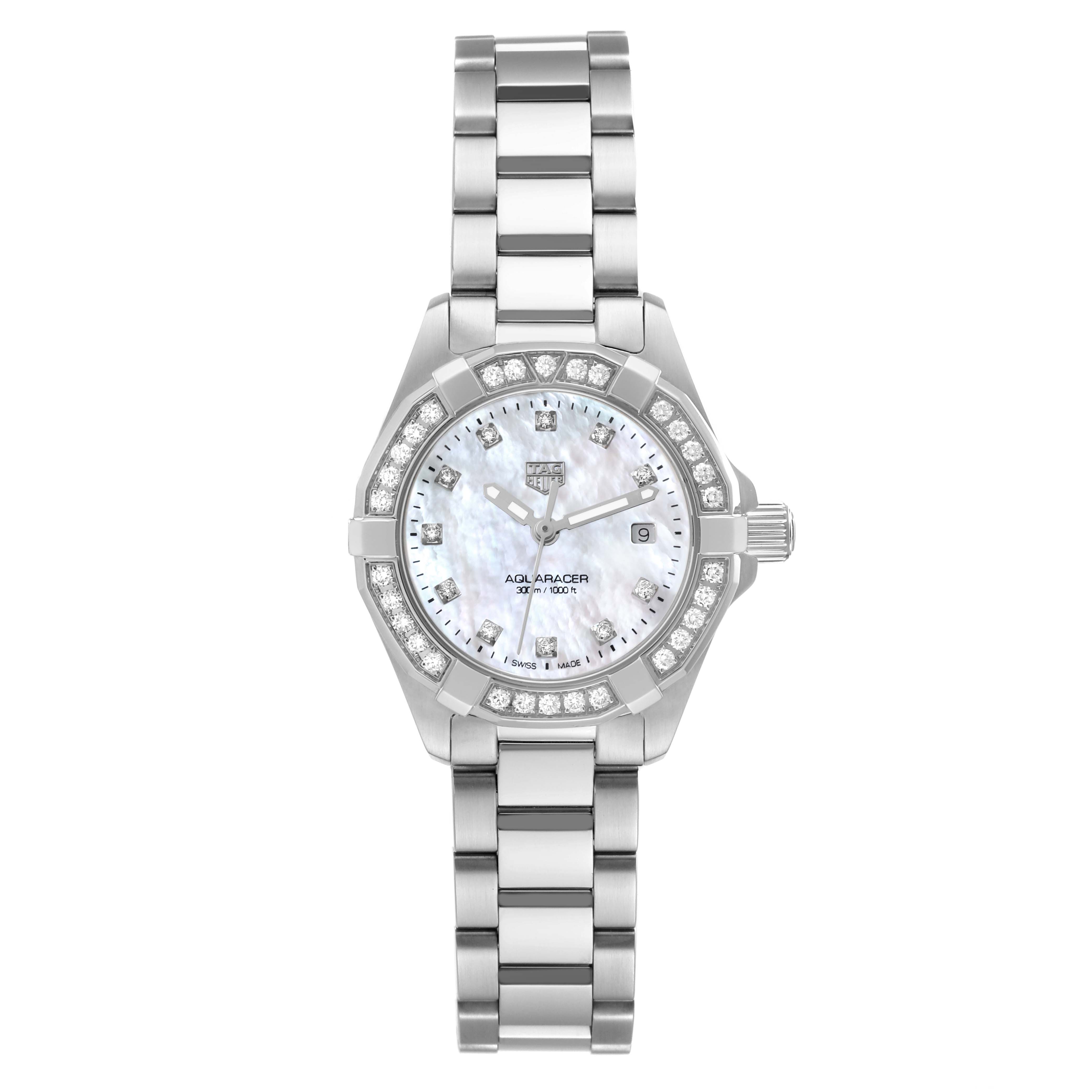 The image displays a Tag Heuer Aquaracer WBD1415 Women's Stainless Steel Mother of Pearl Dial WBD1415 Women's Stainless Steel Mother of Pearl Dial watch from a front angle, showing its face, bezel, and bracelet.