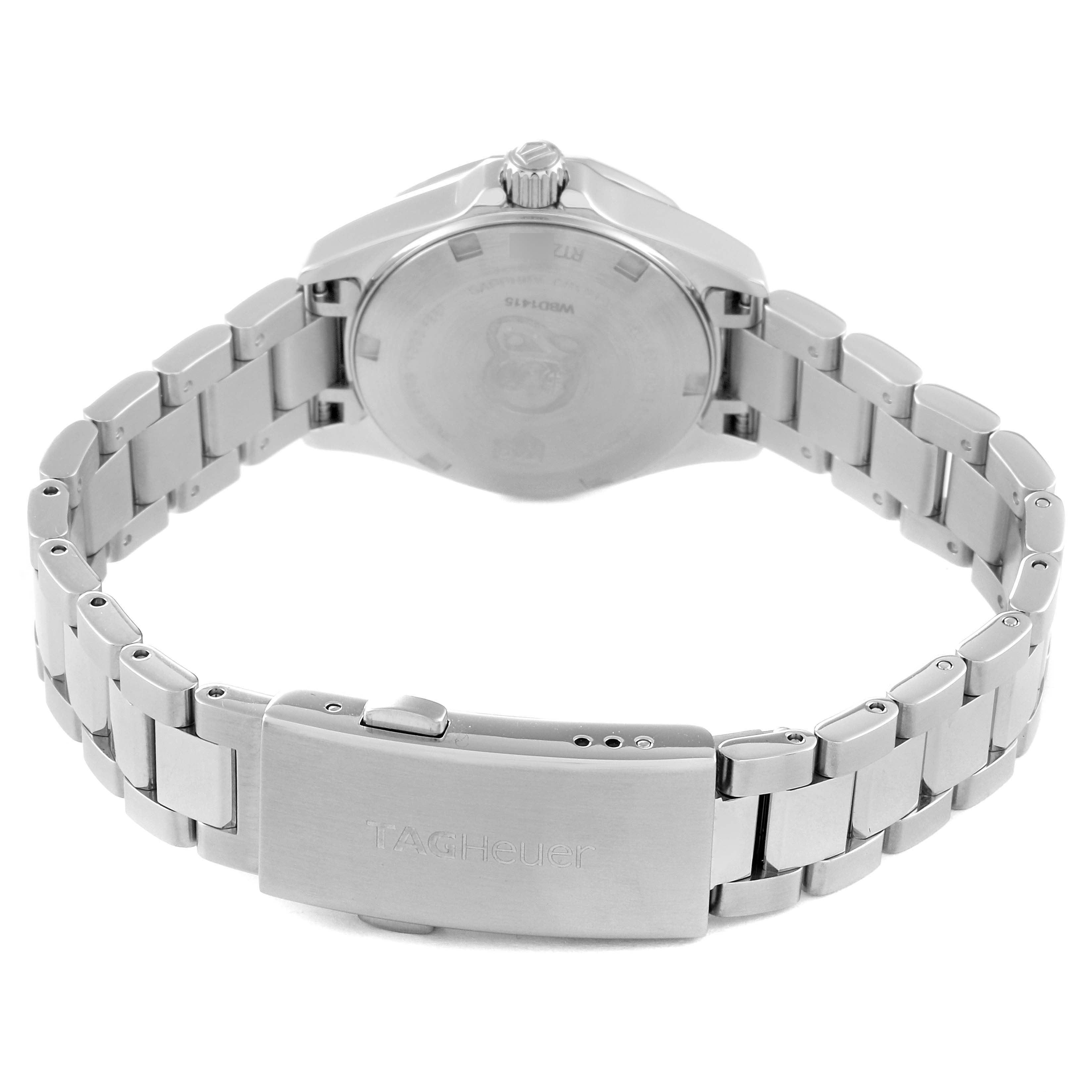 The image shows the back and bracelet clasp of a Tag Heuer Aquaracer WBD1415 Women's Stainless Steel Mother of Pearl Dial WBD1415 Women's Stainless Steel Mother of Pearl Dial watch, emphasizing the case back and fold-over clasp.