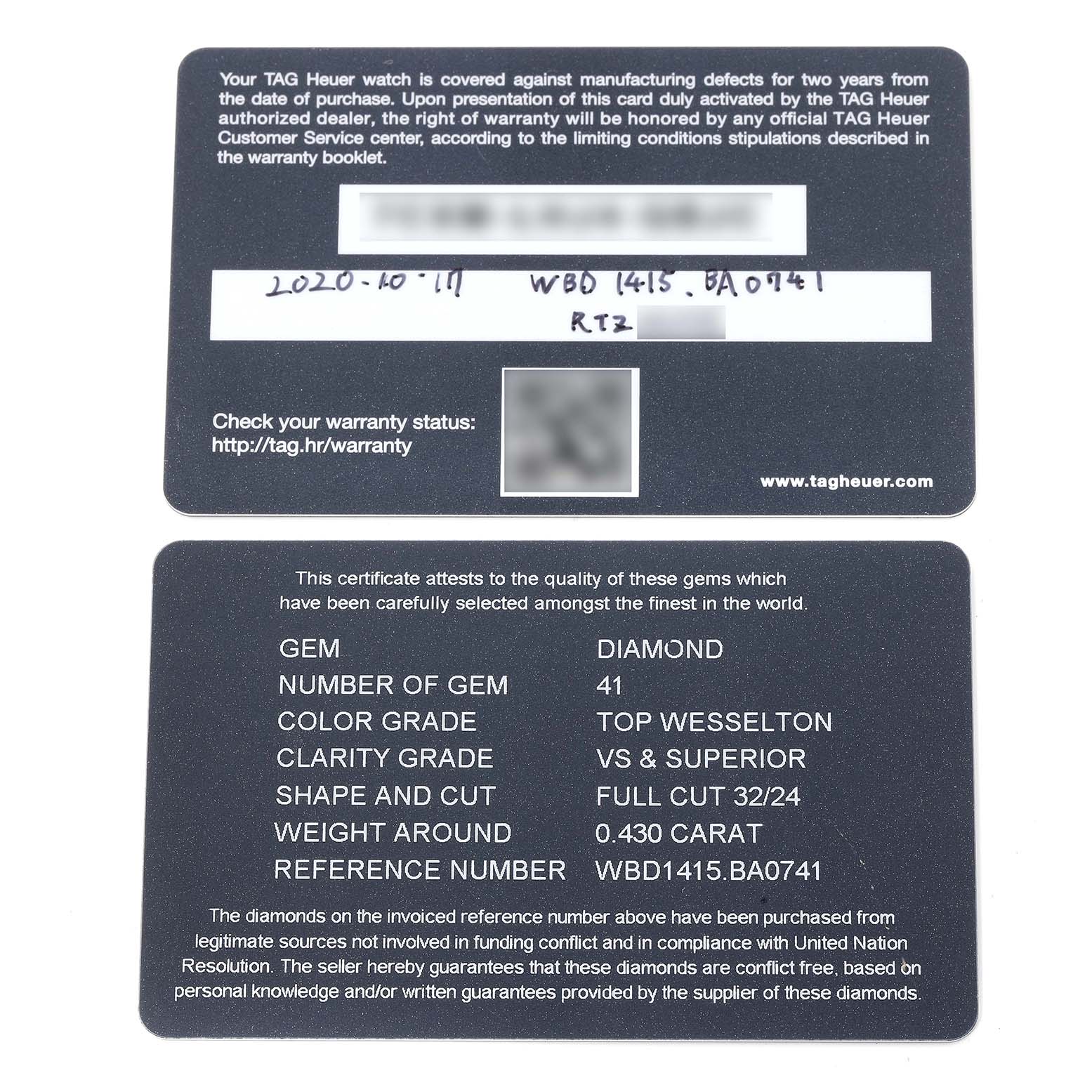 The image shows the front and back of warranty and gem certification cards for a Tag Heuer Aquaracer WBD1415 Women's Stainless Steel Mother of Pearl Dial WBD1415 Women's Stainless Steel Mother of Pearl Dial watch model WBD1415.BA0741.