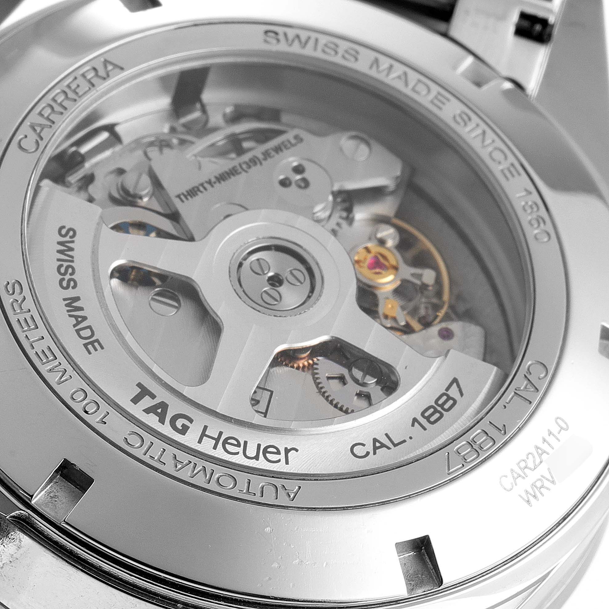 The image shows the back view of the Tag Heuer Carrera CAR2A11.BA0799 Men's Stainless Steel Grey Dial CAR2A11.BA0799 Men's Stainless Steel Grey Dial watch, displaying its automatic movement and internal components.