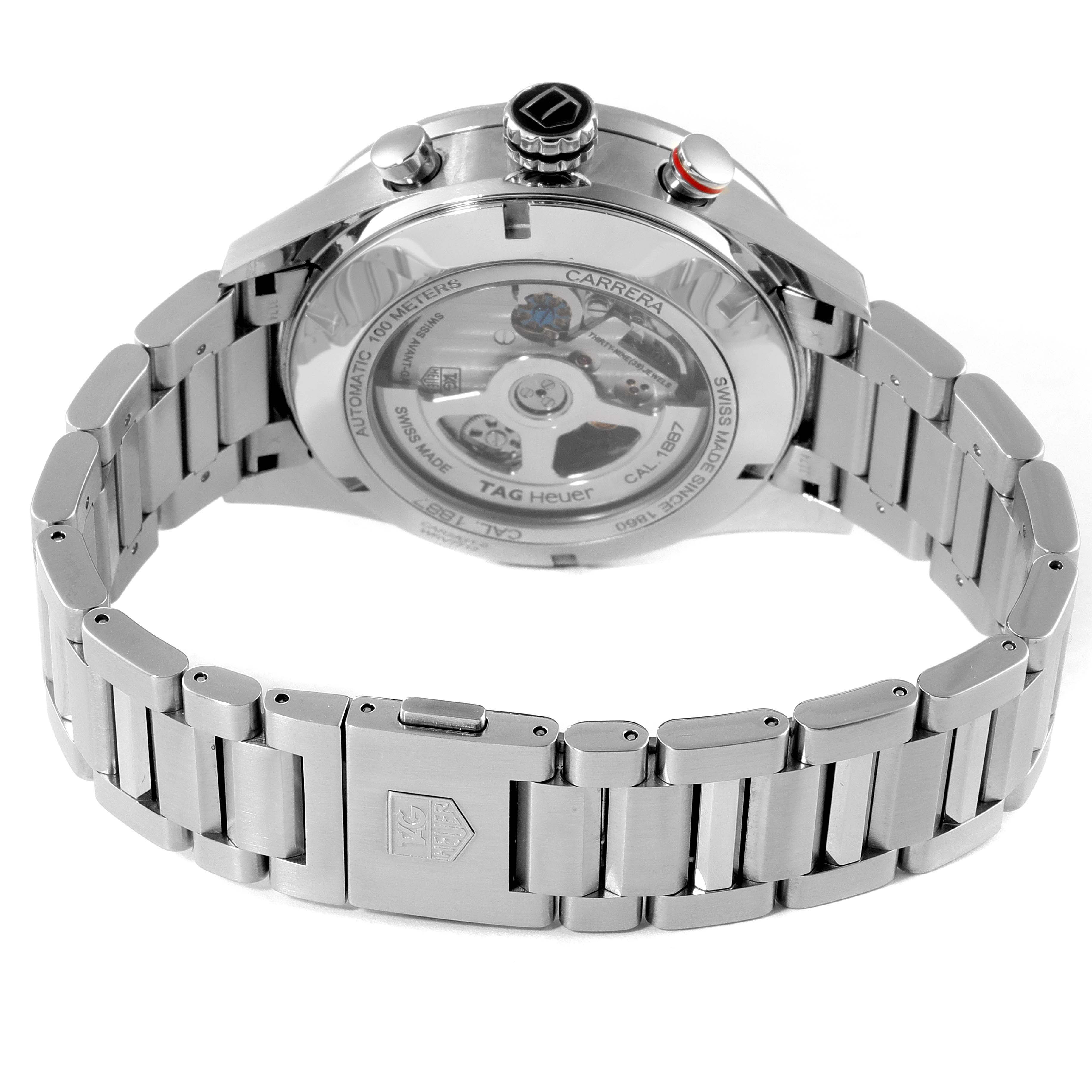 The image shows the rear view of the Tag Heuer Carrera CAR2A11.BA0799 Men's Stainless Steel Grey Dial CAR2A11.BA0799 Men's Stainless Steel Grey Dial watch, highlighting the transparent case back and stainless steel bracelet.
