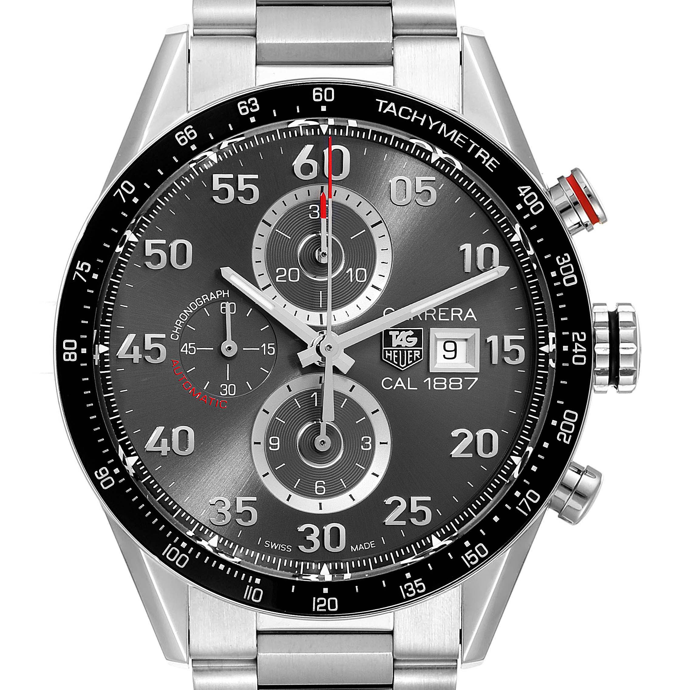 The image shows a frontal view of the Tag Heuer Carrera CAR2A11.BA0799 Men's Stainless Steel Grey Dial CAR2A11.BA0799 Men's Stainless Steel Grey Dial watch, displaying its dial, subdials, date window, bezel, and buttons.
