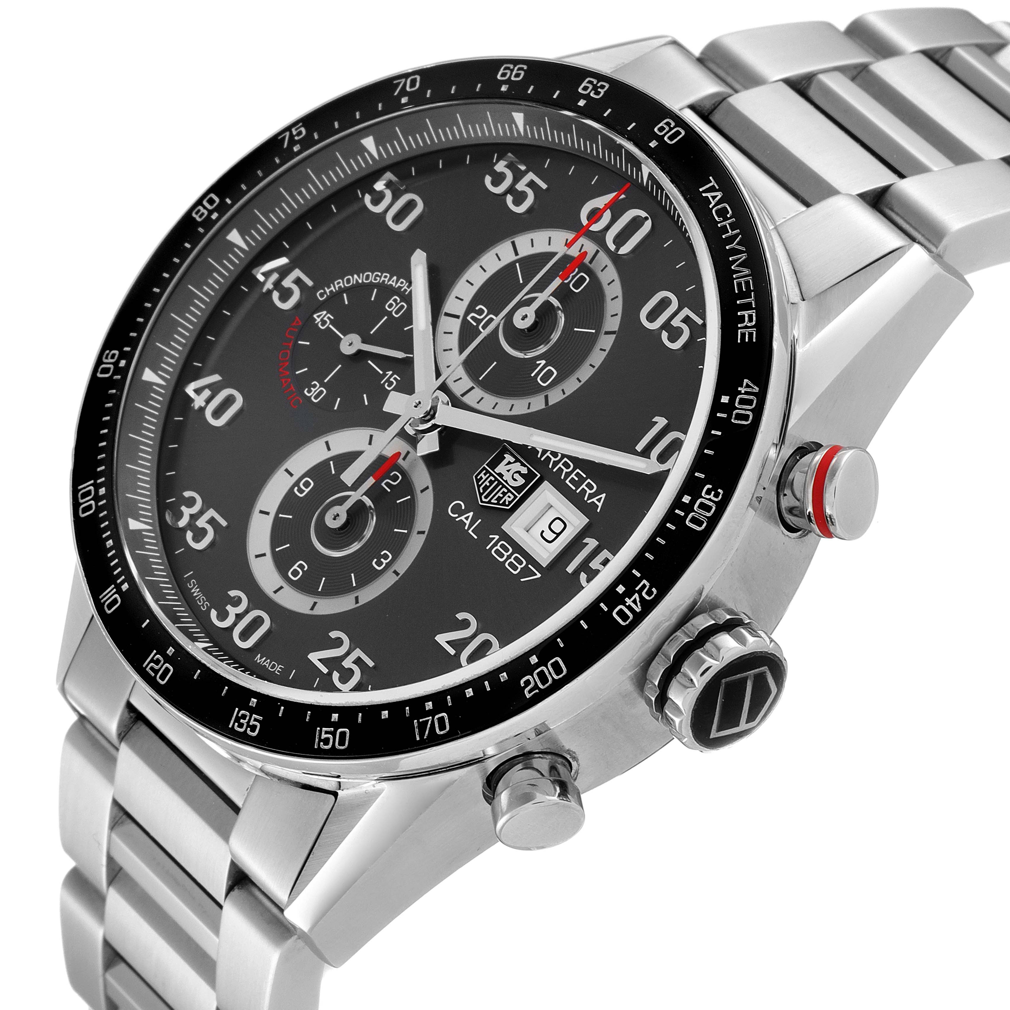 The Tag Heuer Carrera CAR2A11.BA0799 Men's Stainless Steel Grey Dial CAR2A11.BA0799 Men's Stainless Steel Grey Dial watch is shown at a slight angle, highlighting its chronograph dial, bezel, and bracelet.
