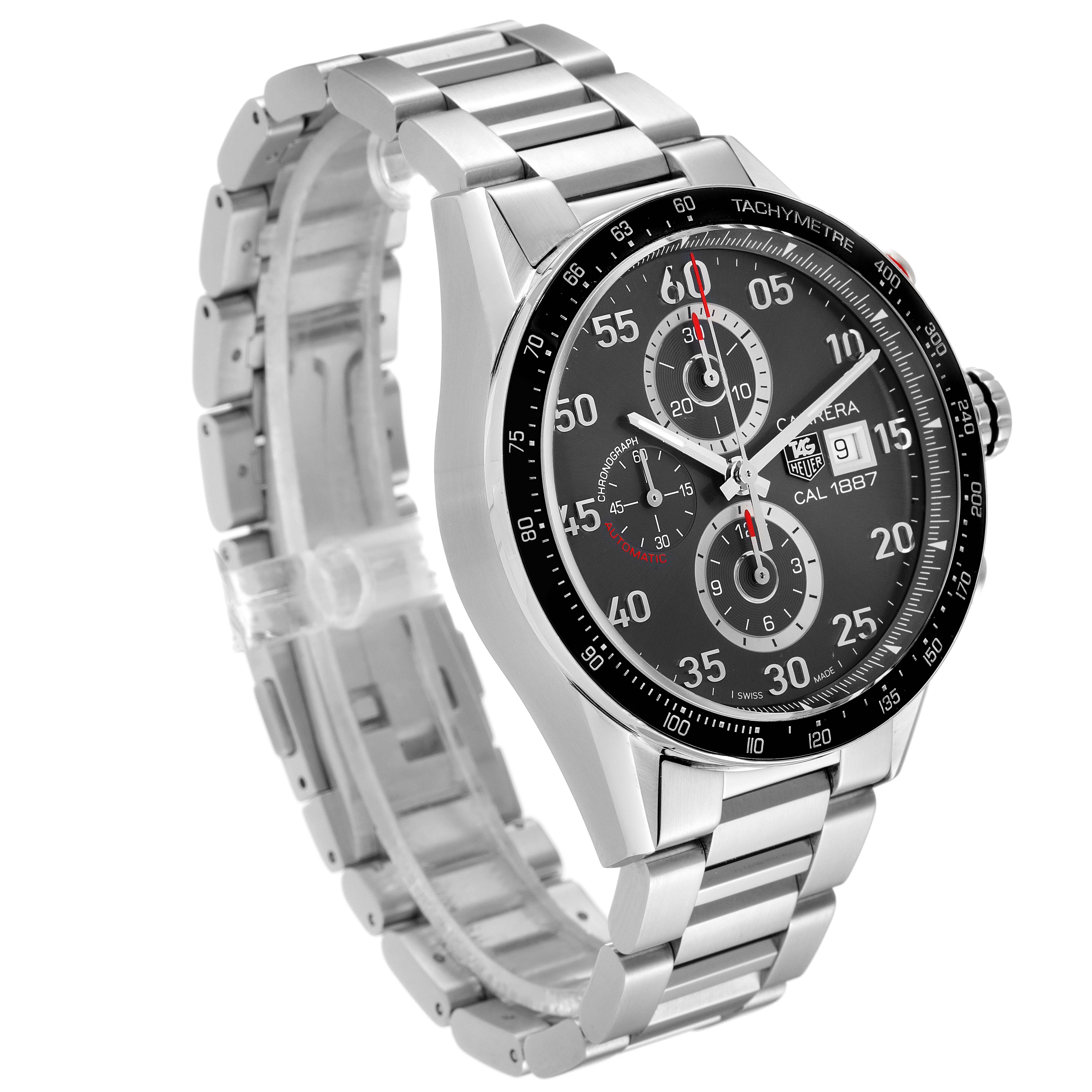 The image shows a side angle of the Tag Heuer Carrera CAR2A11.BA0799 Men's Stainless Steel Grey Dial CAR2A11.BA0799 Men's Stainless Steel Grey Dial watch featuring its stainless steel band and tachymeter bezel.