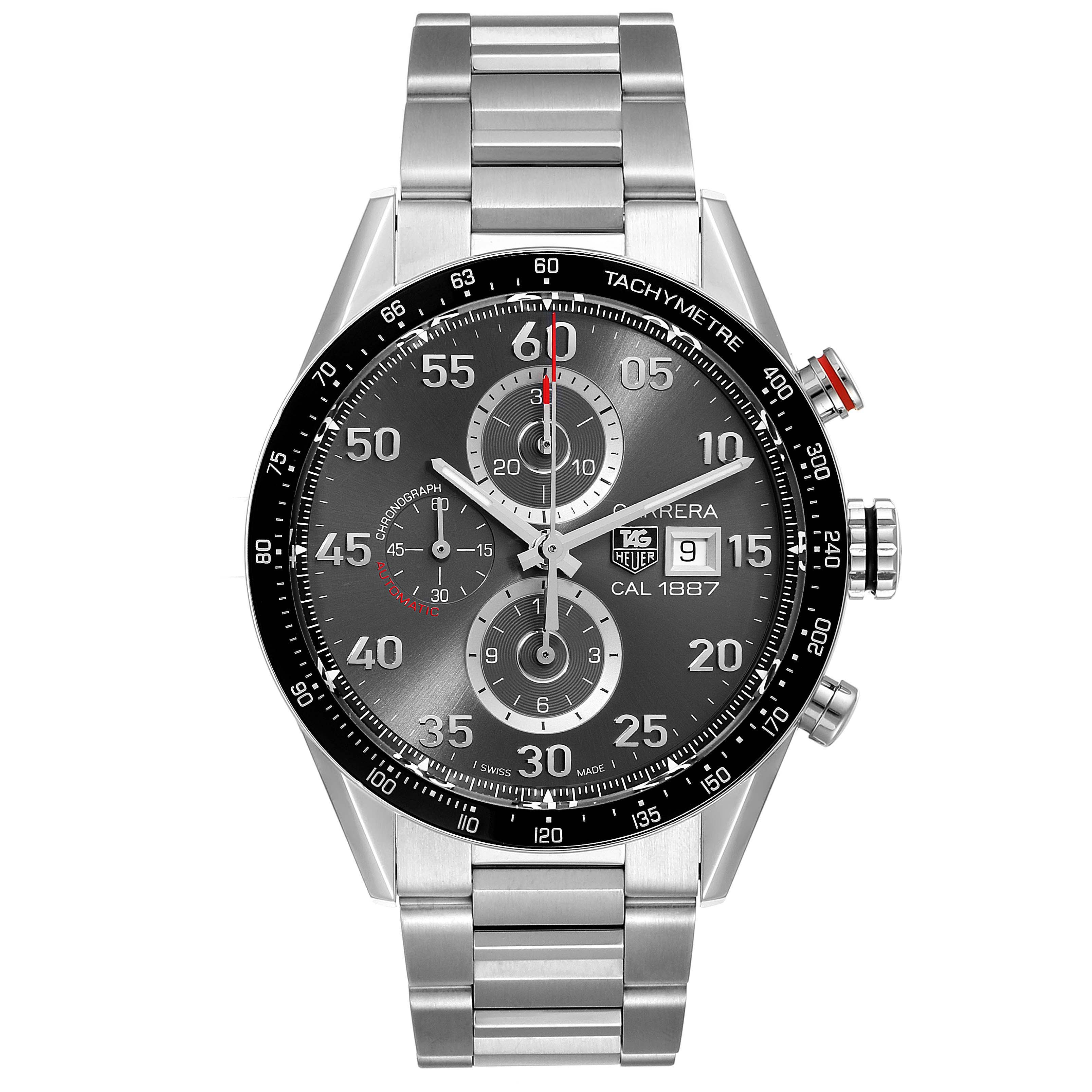 The image shows a front view of a Tag Heuer Carrera CAR2A11.BA0799 Men's Stainless Steel Grey Dial CAR2A11.BA0799 Men's Stainless Steel Grey Dial watch, highlighting its dial, tachymeter bezel, and metal bracelet.