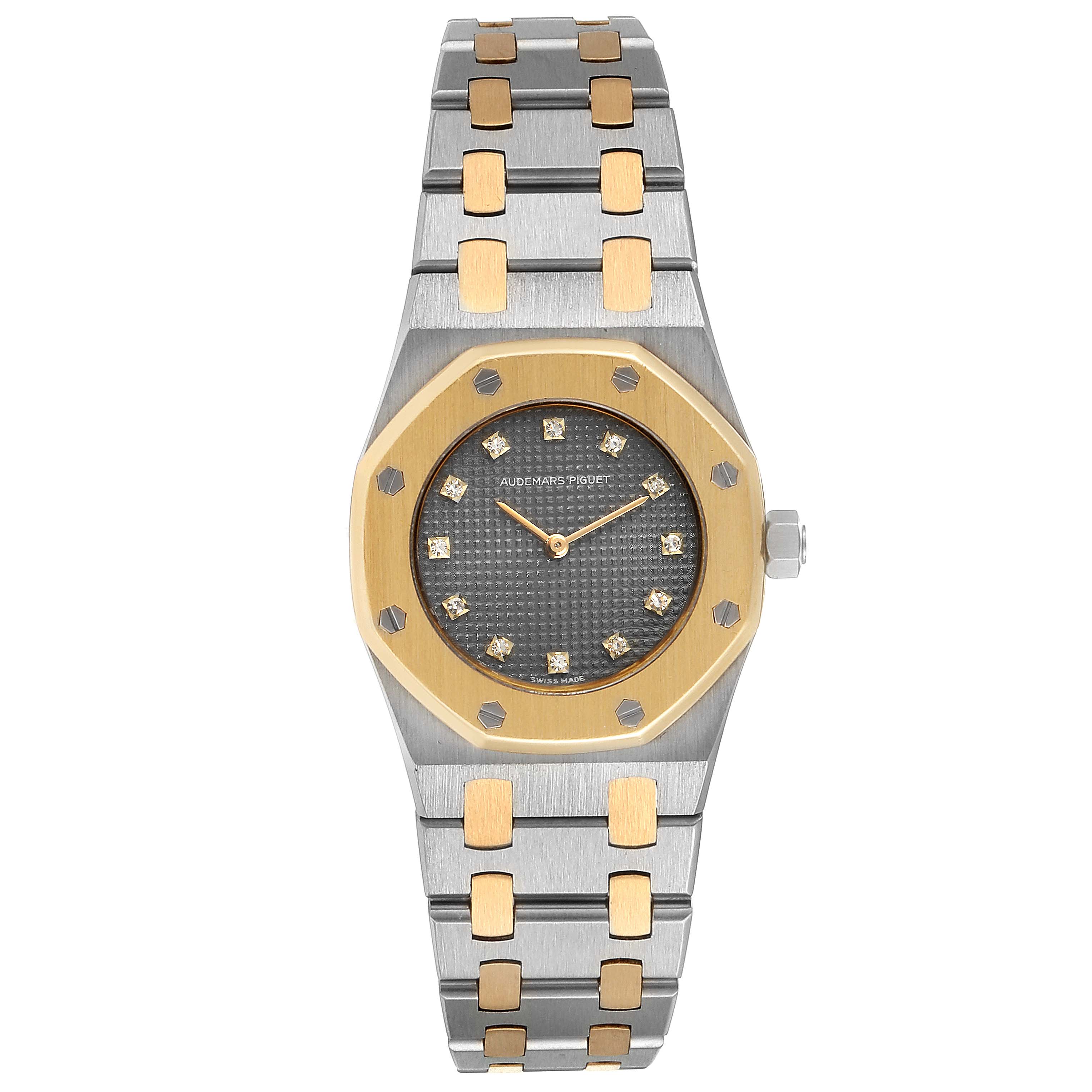 This image shows a frontal view of an Audemars Piguet Royal Oak 6131-516 Women's Steel and Gold (two tone) Grey Dial 6131-516 Women's Steel and Gold (two tone) Grey Dial watch with a stainless steel and gold bracelet.
