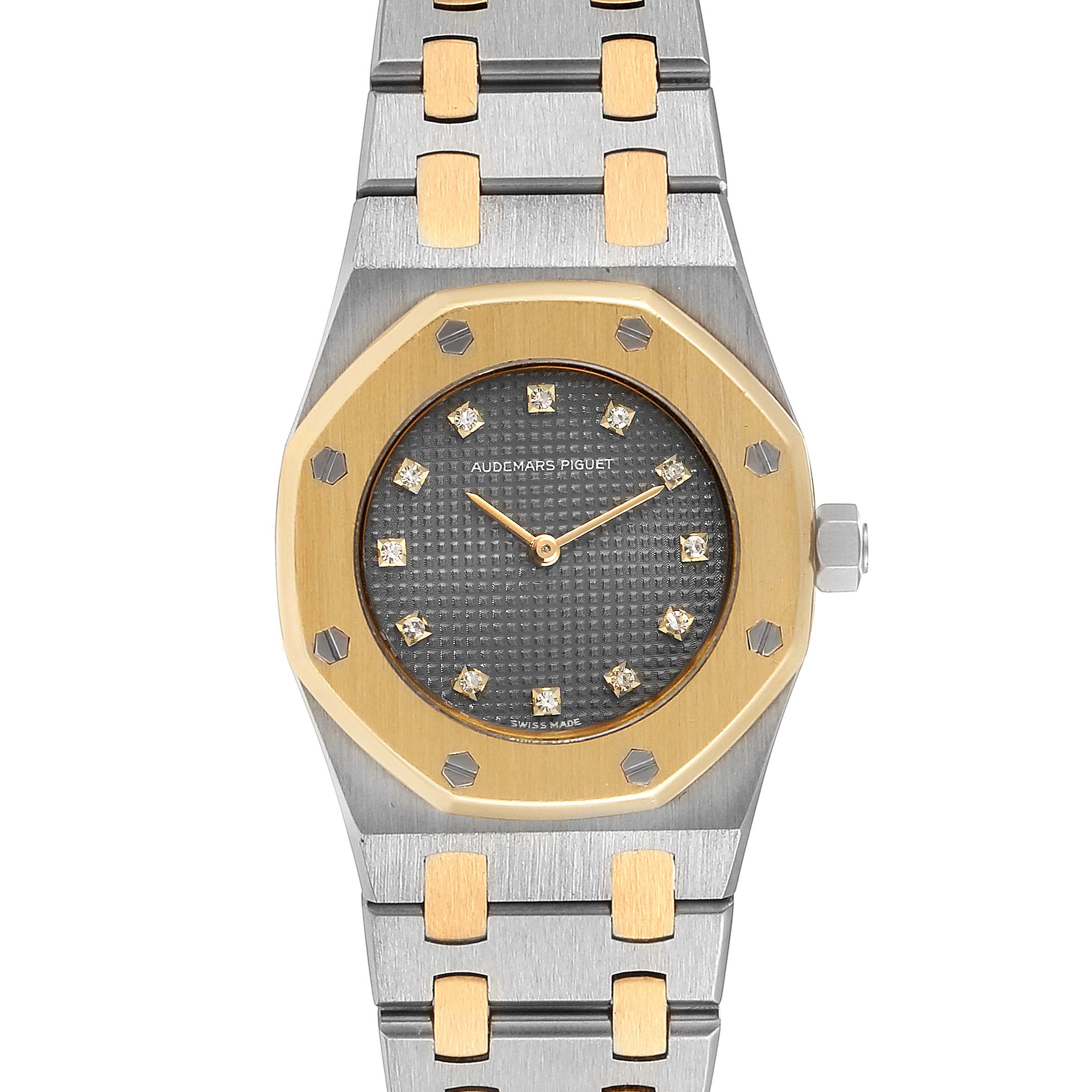 This image shows a frontal view of the Audemars Piguet Royal Oak 6131-516 Women's Steel and Gold (two tone) Grey Dial 6131-516 Women's Steel and Gold (two tone) Grey Dial watch, displaying its dial, bezel, case, bracelet, and crown.