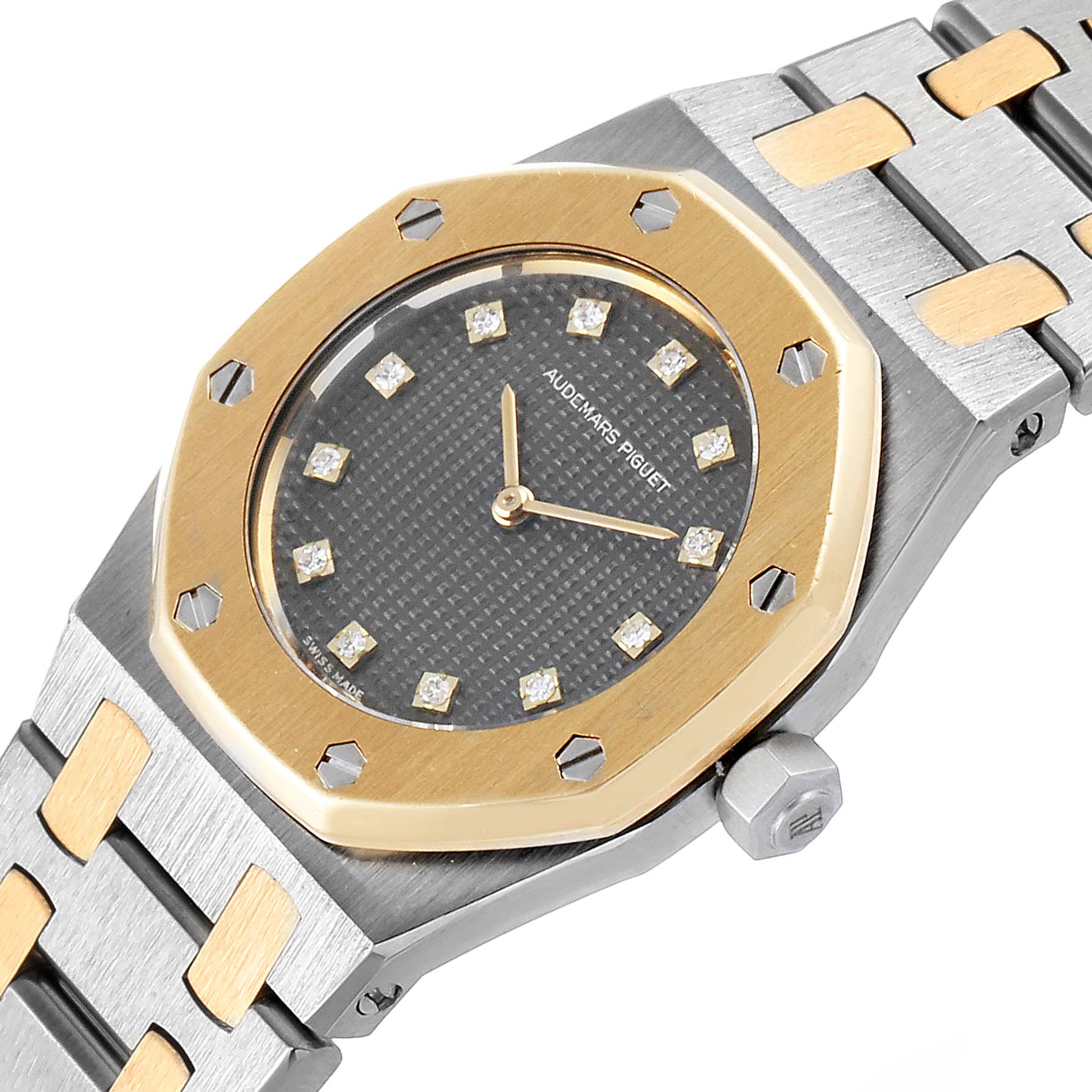 The image shows a close-up, angled view of the Audemars Piguet Royal Oak 6131-516 Women's Steel and Gold (two tone) Grey Dial 6131-516 Women's Steel and Gold (two tone) Grey Dial watch, highlighting the face, bezel, and part of the bracelet.