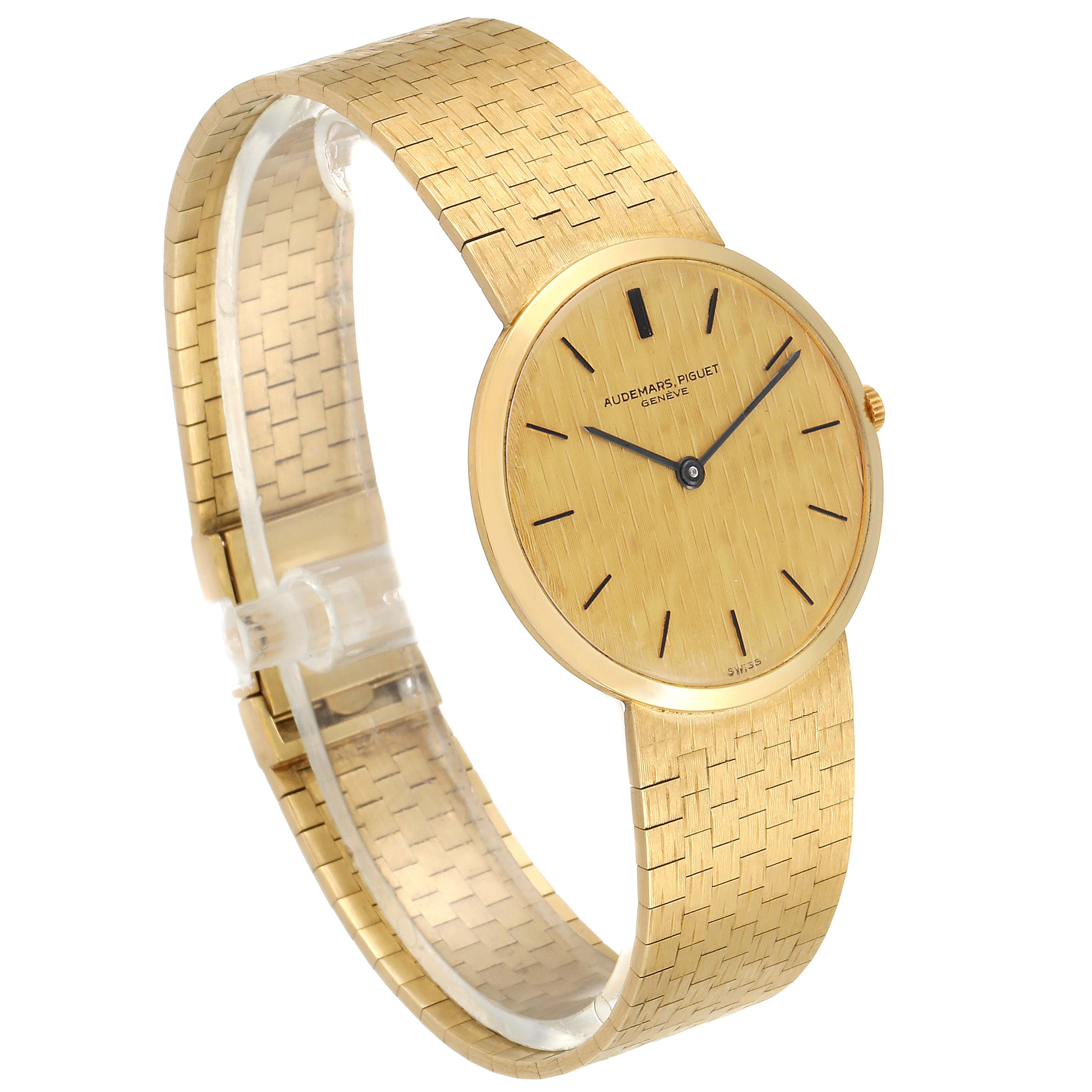 The image shows a gold Audemars Piguet Vintage  Men's Yellow Gold Champagne Dial  Men's Yellow Gold Champagne Dial model watch, angled slightly to display the face and band.