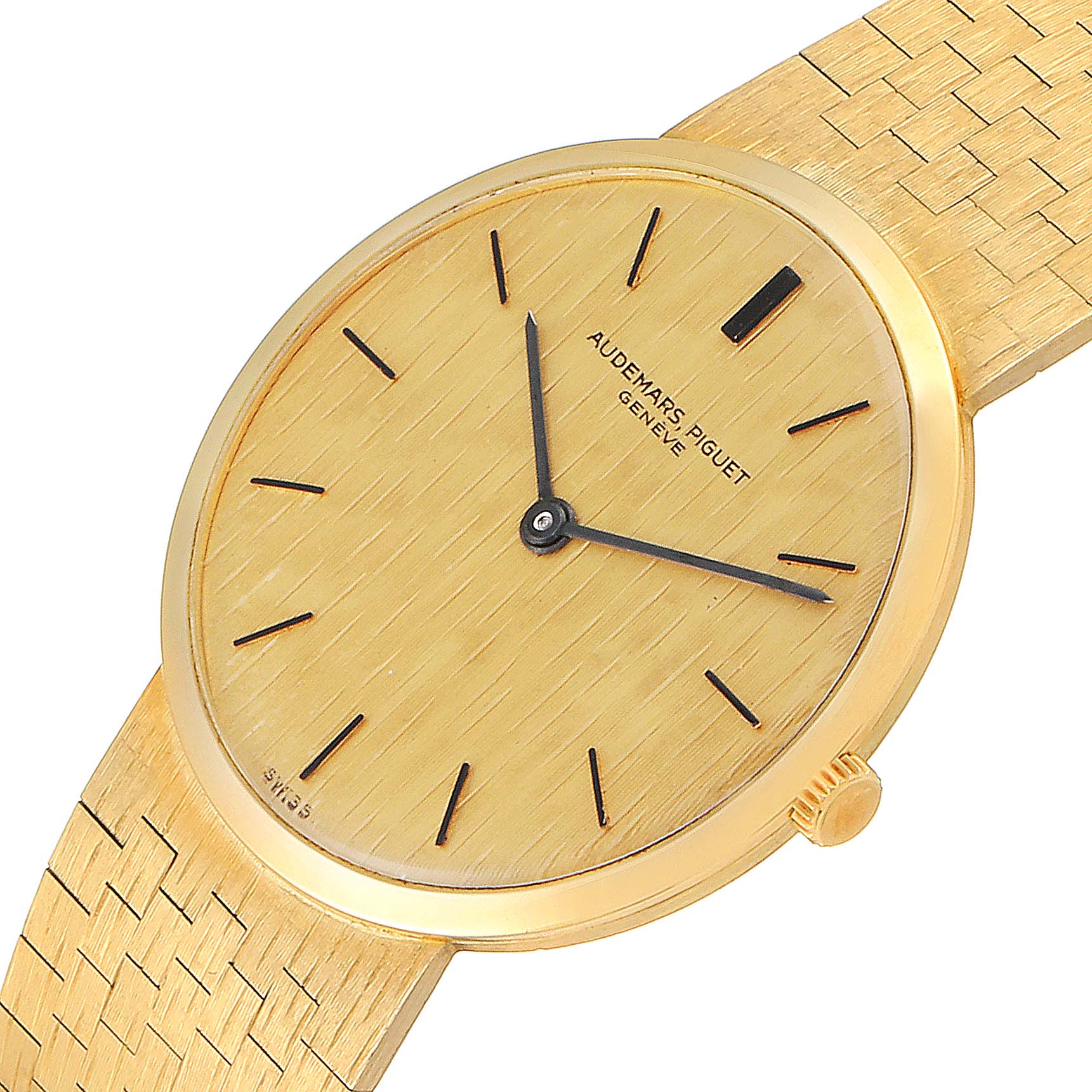 The image displays a front view of a Vintage Audemars Piguet watch, highlighting its gold dial, hands, and woven band.