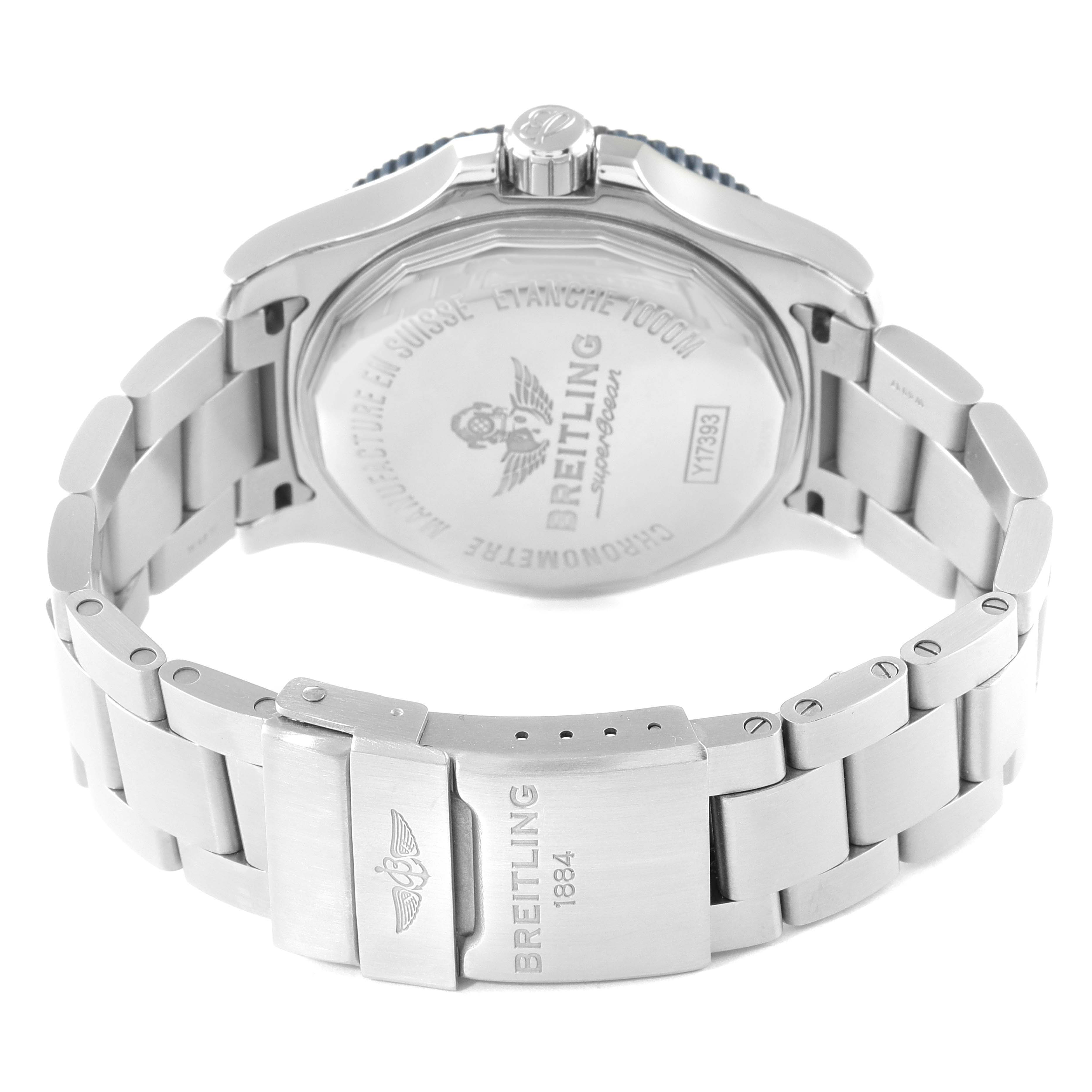 This image shows the back case, crown, and metal bracelet of a Breitling Superocean Y1739310 Men's Stainless Steel Blue Dial Y1739310 Men's Stainless Steel Blue Dial watch from a rear angle.