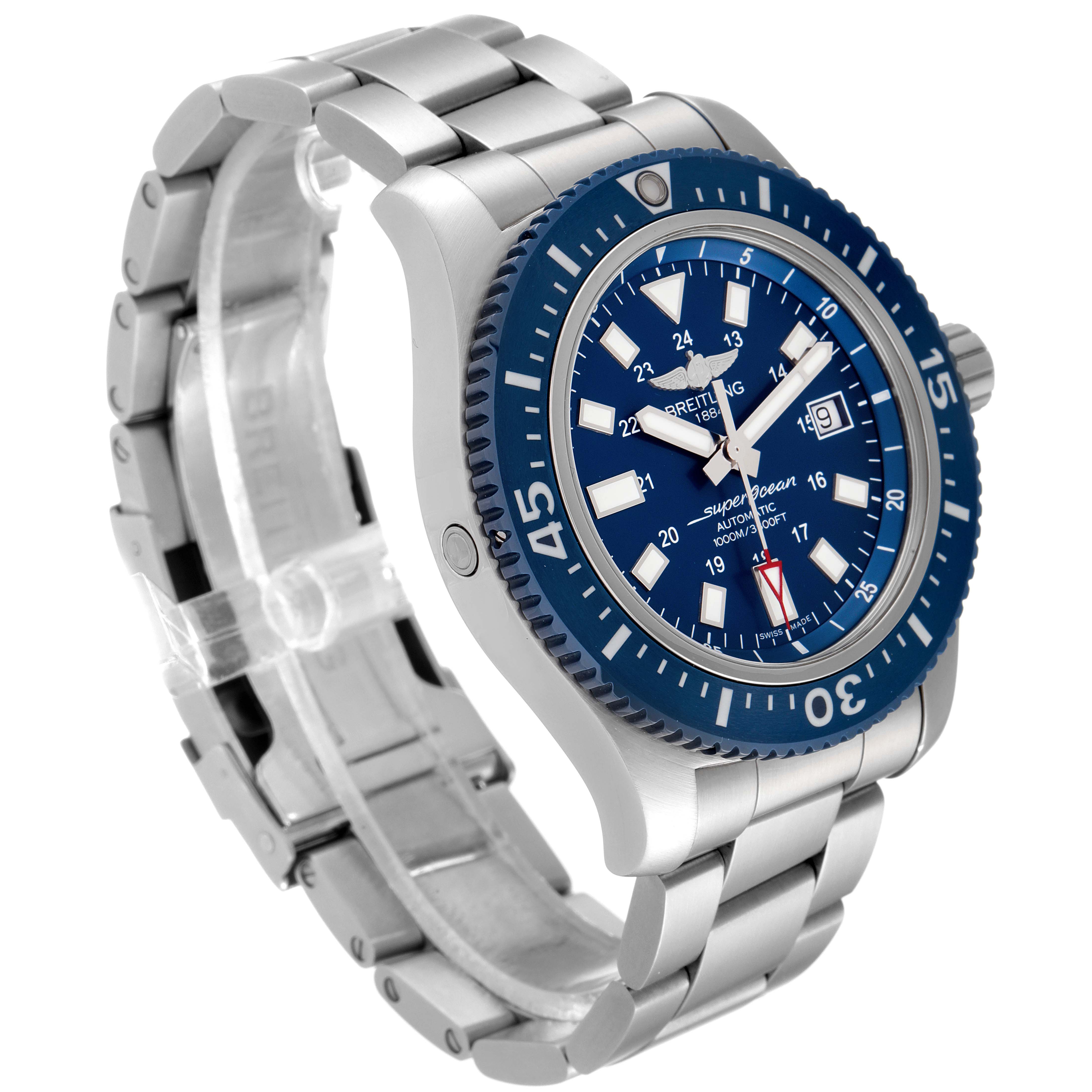 The image shows a Breitling Superocean Y1739310 Men's Stainless Steel Blue Dial Y1739310 Men's Stainless Steel Blue Dial watch at a three-quarter angle, highlighting the blue dial, bezel, and silver bracelet.