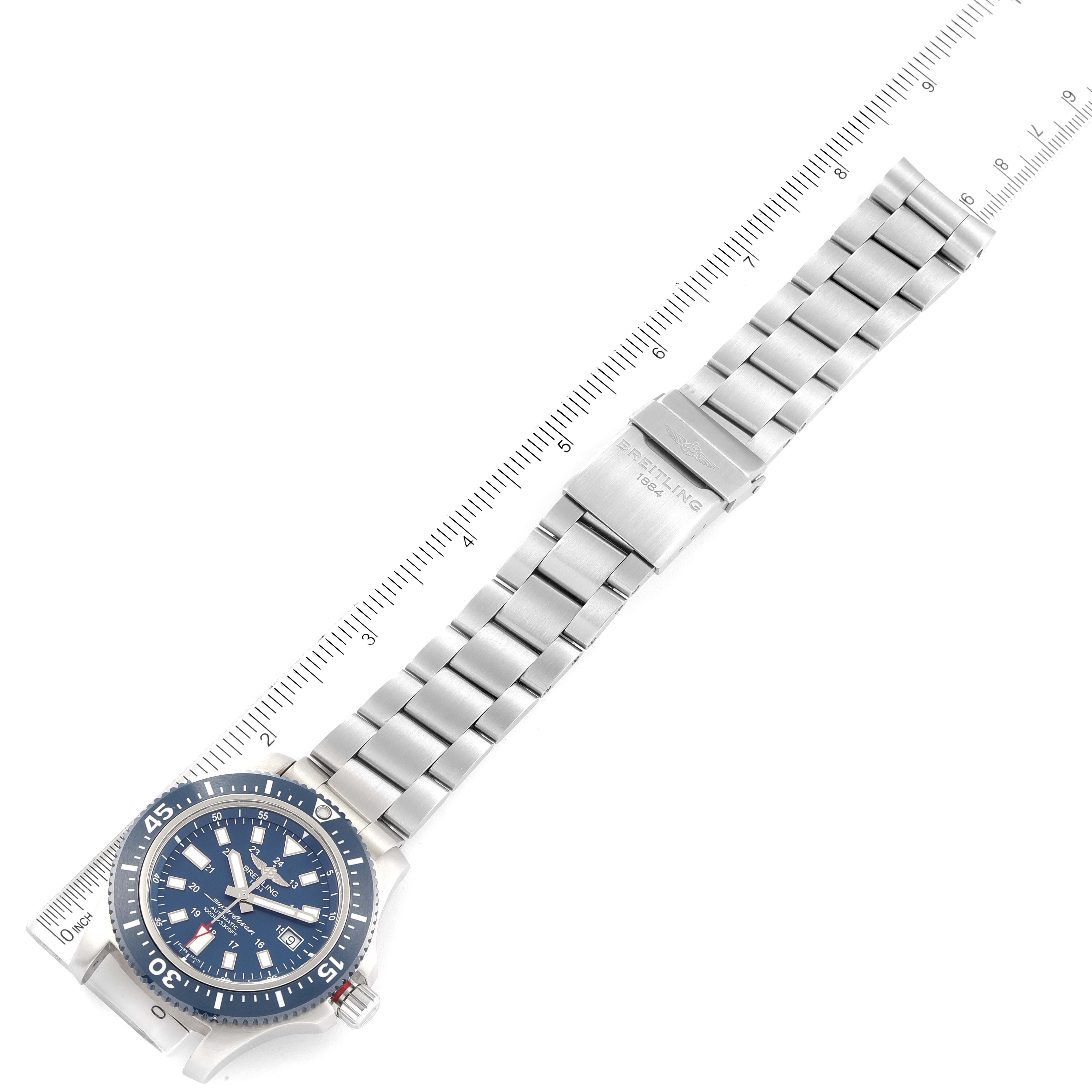 The Breitling Superocean Y1739310 Men's Stainless Steel Blue Dial Y1739310 Men's Stainless Steel Blue Dial watch is shown from an overhead angle, displaying its blue dial, bezel, stainless steel bracelet, and clasp.