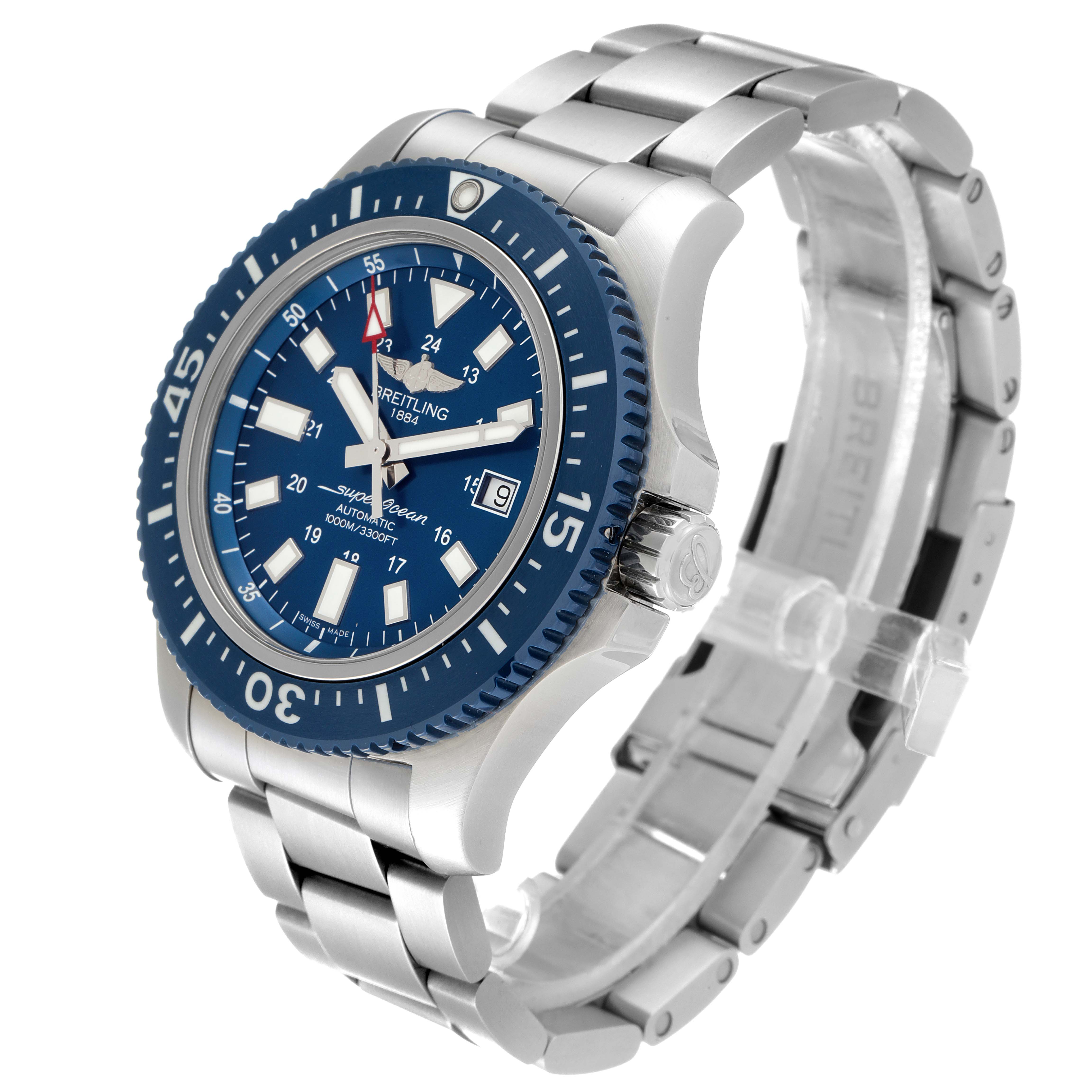 This image shows a Breitling Superocean Y1739310 Men's Stainless Steel Blue Dial Y1739310 Men's Stainless Steel Blue Dial watch at a three-quarter angle, highlighting the blue dial, bezel, and stainless steel bracelet.